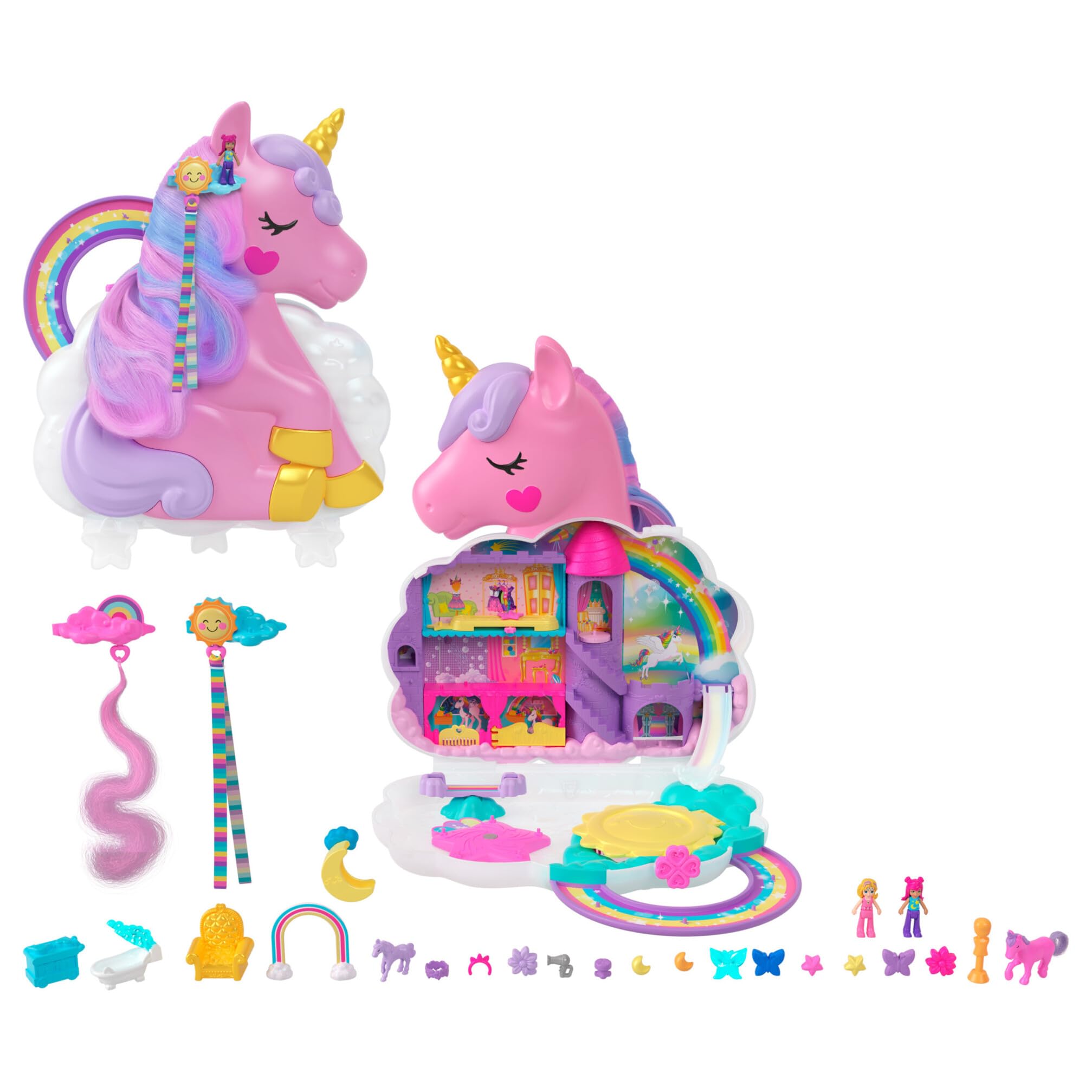 Polly Pocket Salón de Belleza Unicornio Arcoíris | Juguetes con Funciones de Movimiento HYD97
