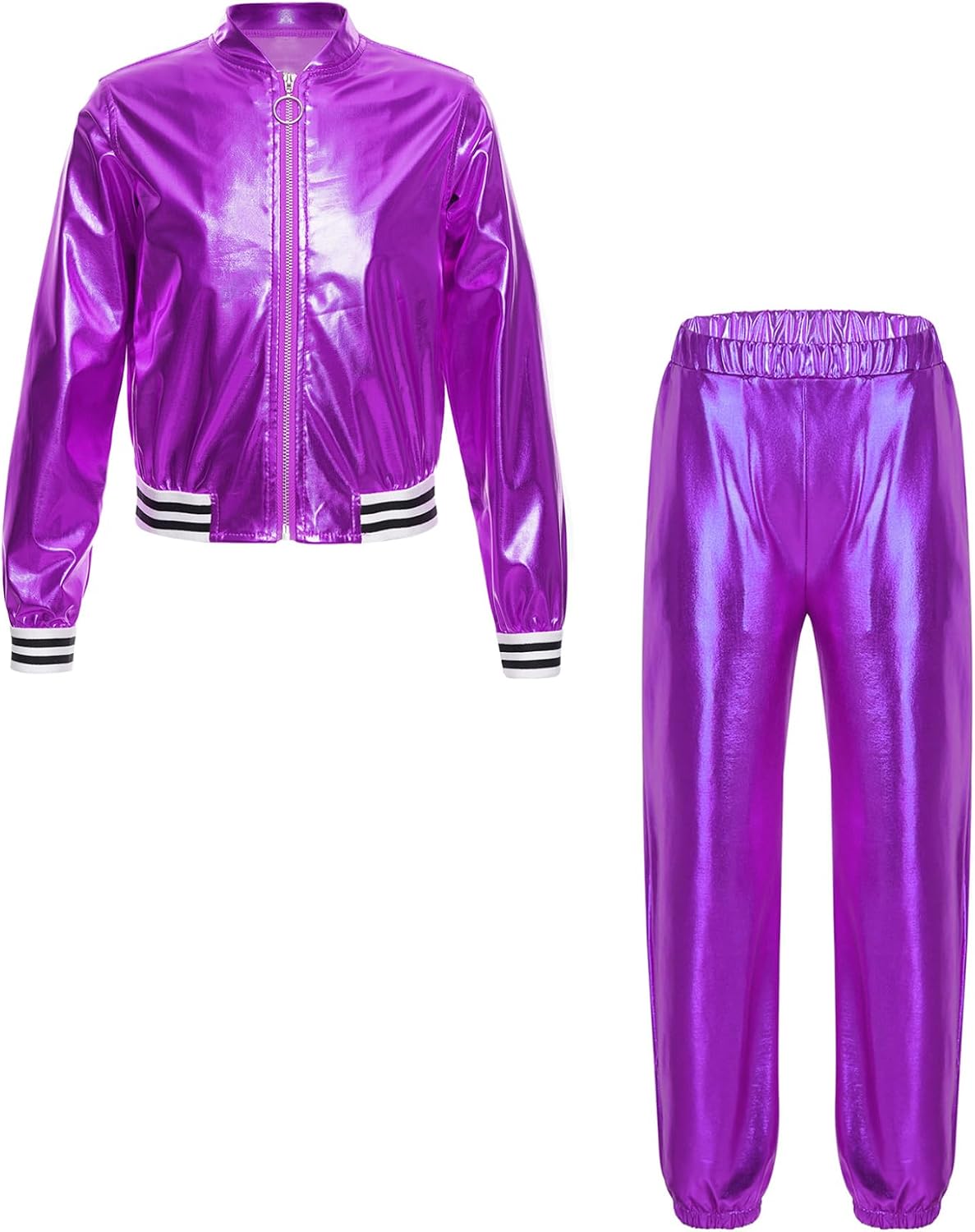 Children Boys Girls Jazz Hip Hop Dance Costume Shiny Leather Jacket with Sweatpants Set Performance Dancewear