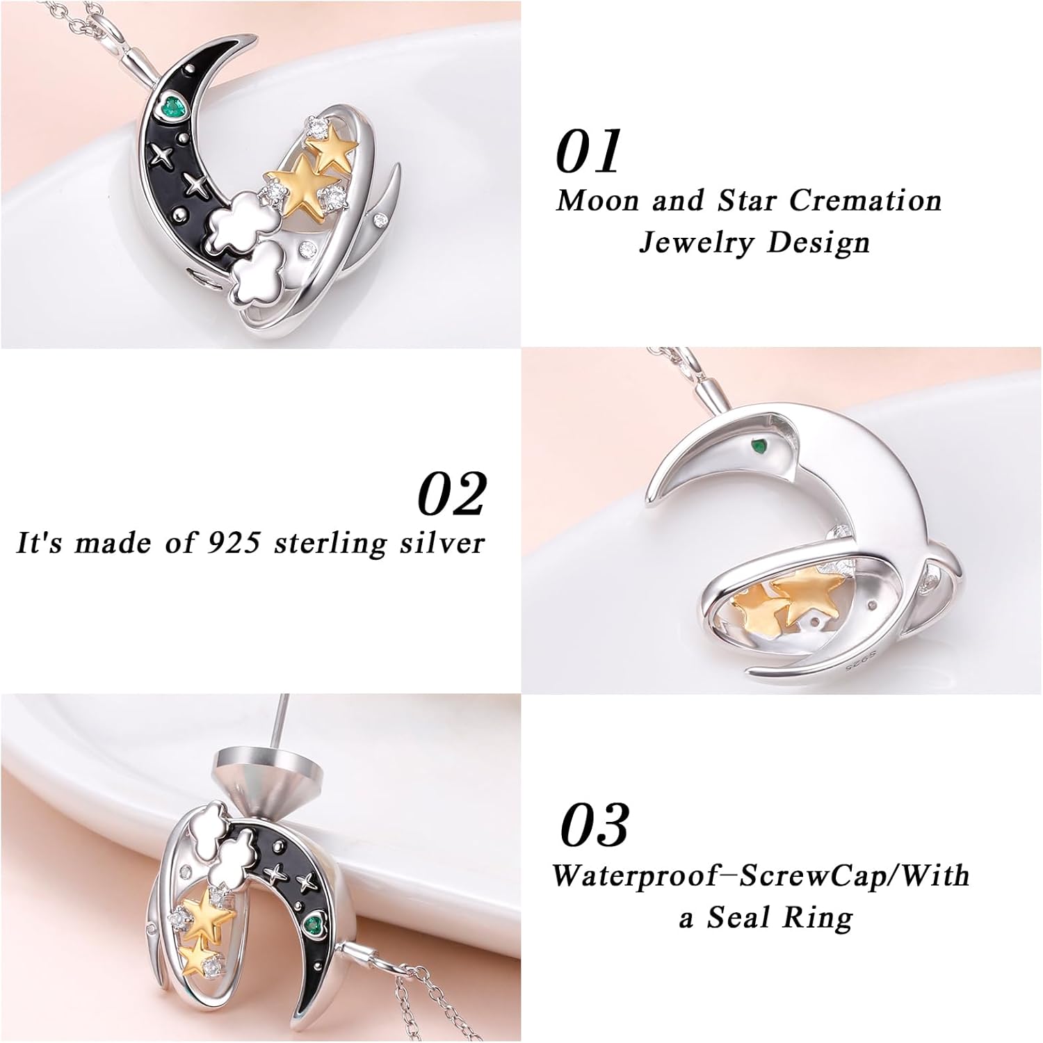 DAOCHONG 925 Sterling Silver Cremation Jewelry Moon and Star Urn Necklaces for Ashes for Women Men Memorial Keepsake Funeral Jewelry of Loved Ones - Image 4