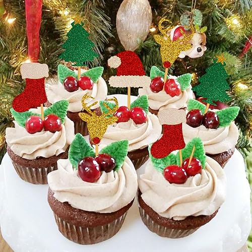 Miniatura 5 de Partico 24 piezas de decoración navideña para cupcakes con purpurina para alimentos, frutas, sombreros de Papá Noel, árbol de Navidad, calcetines