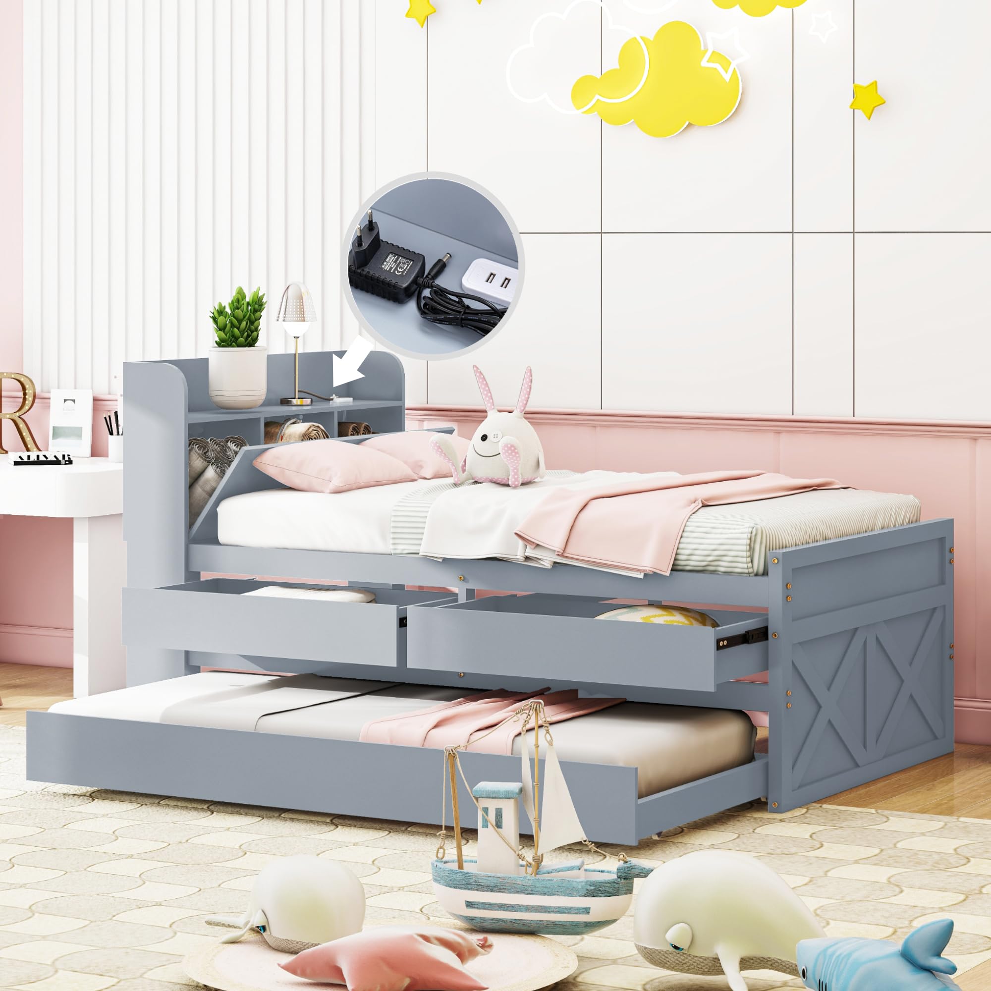 LIFEZEAL Struttura Letto a Soppalco 90x200cm, per Bambini, Adulti, con Sponda, Rete in Metallo, Scivolo, Scale, Spaizo, Forma di Casa, Letto a Castello Montessori, per Cameretta, Dormitorio (bianco