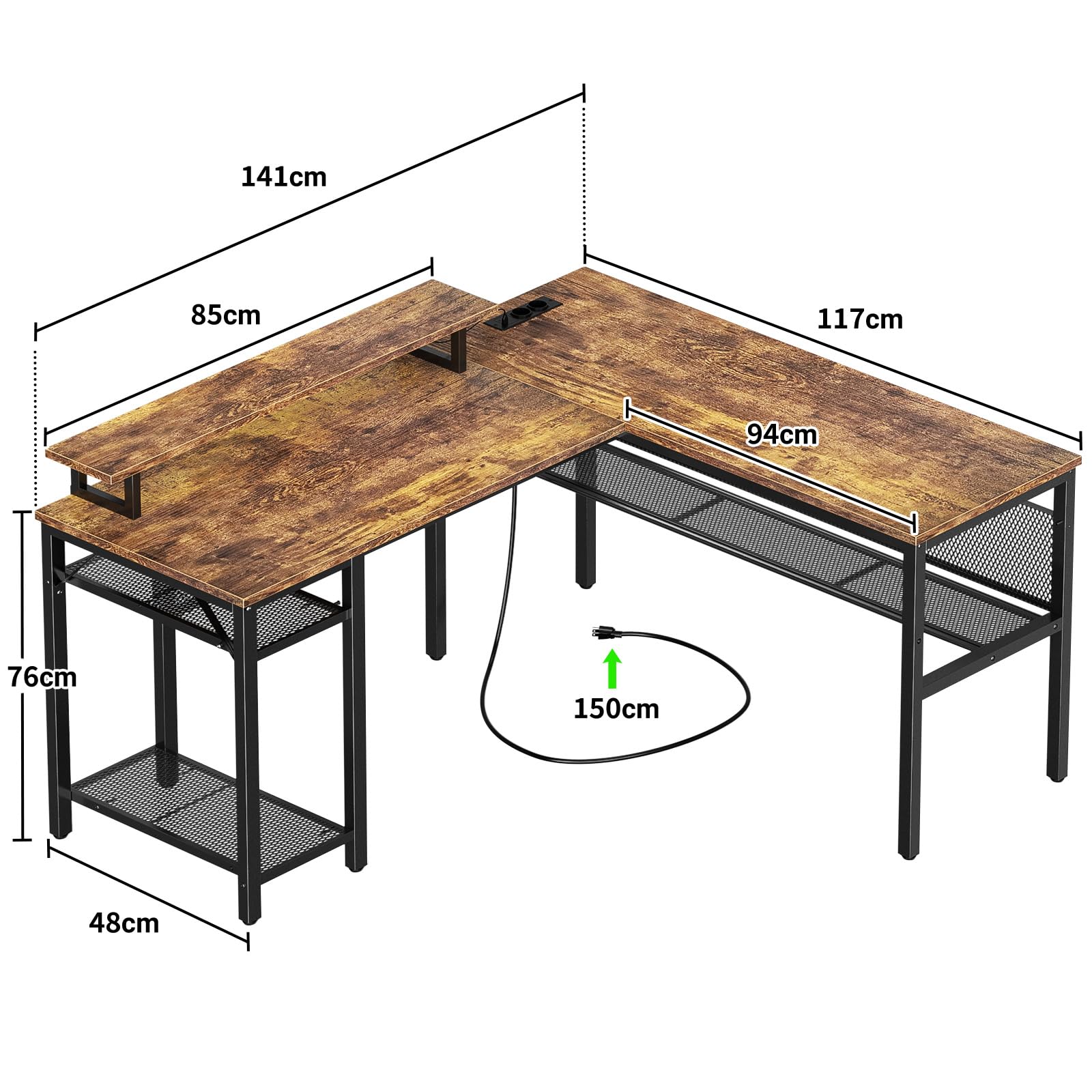 Homieasy Gaming Schreibtisch Eckschreibtisch L Form Reversibel LED | Metallrahmen Mit Holzplatten, Monitorständer Und Regal, Steckdosen, USB-A Und USB-C