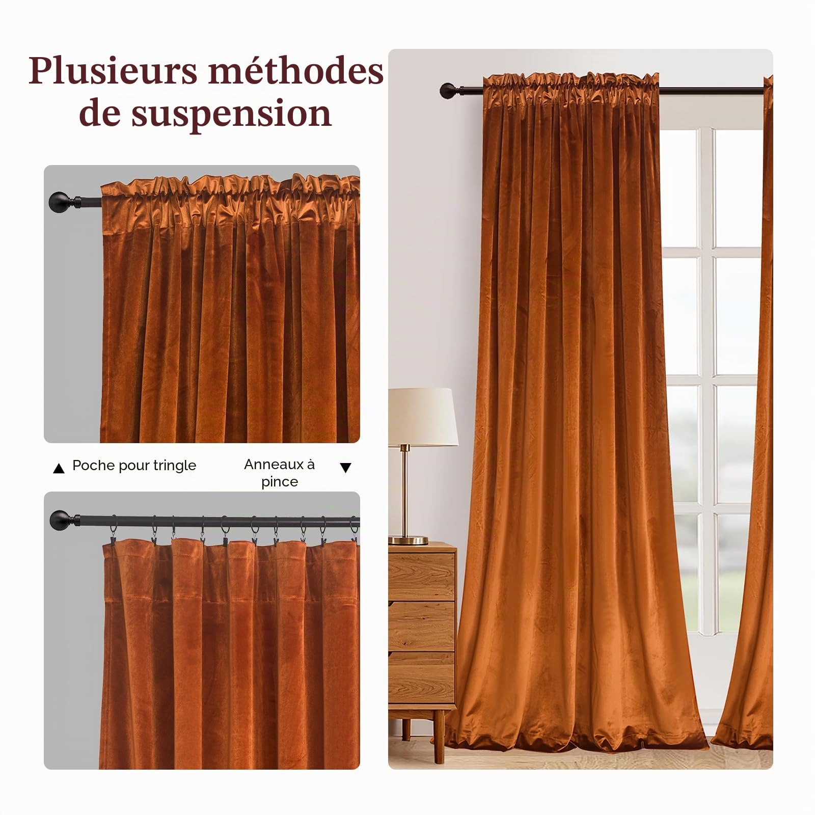 Roslynwood Lot de 2 Rideaux en Velours Orange Vif de 213,4 cm – Rideaux résistants écoénergétiques avec Passe-Tringle pour Home cinéma/Salon, 132,1 x 213,4 cm (l x L), Orange Vif