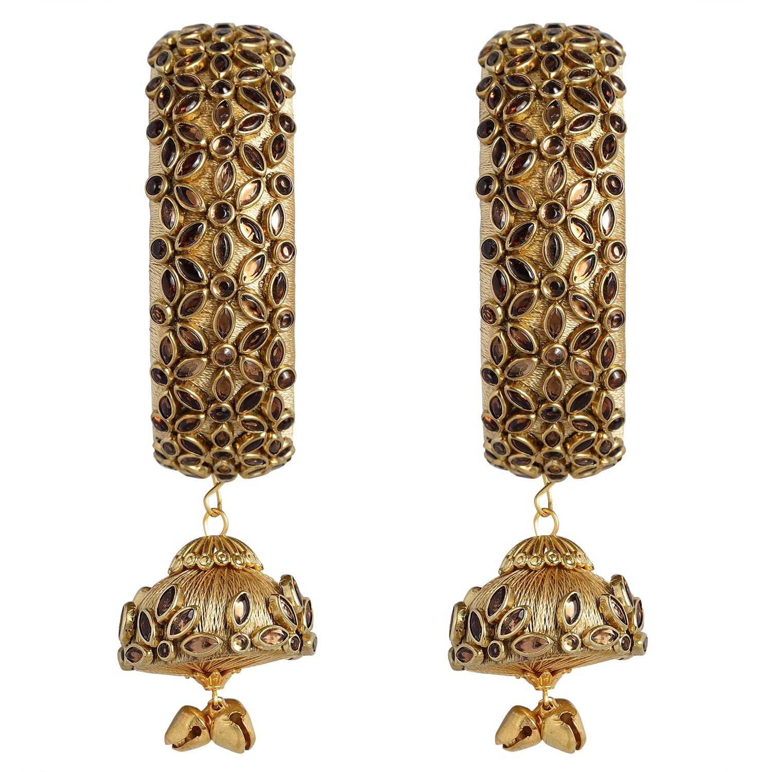 Peora Handcrafted Silk Thread Hanging Jhumka Kundan Studded Bangle Set (Size 2.6 Inch)