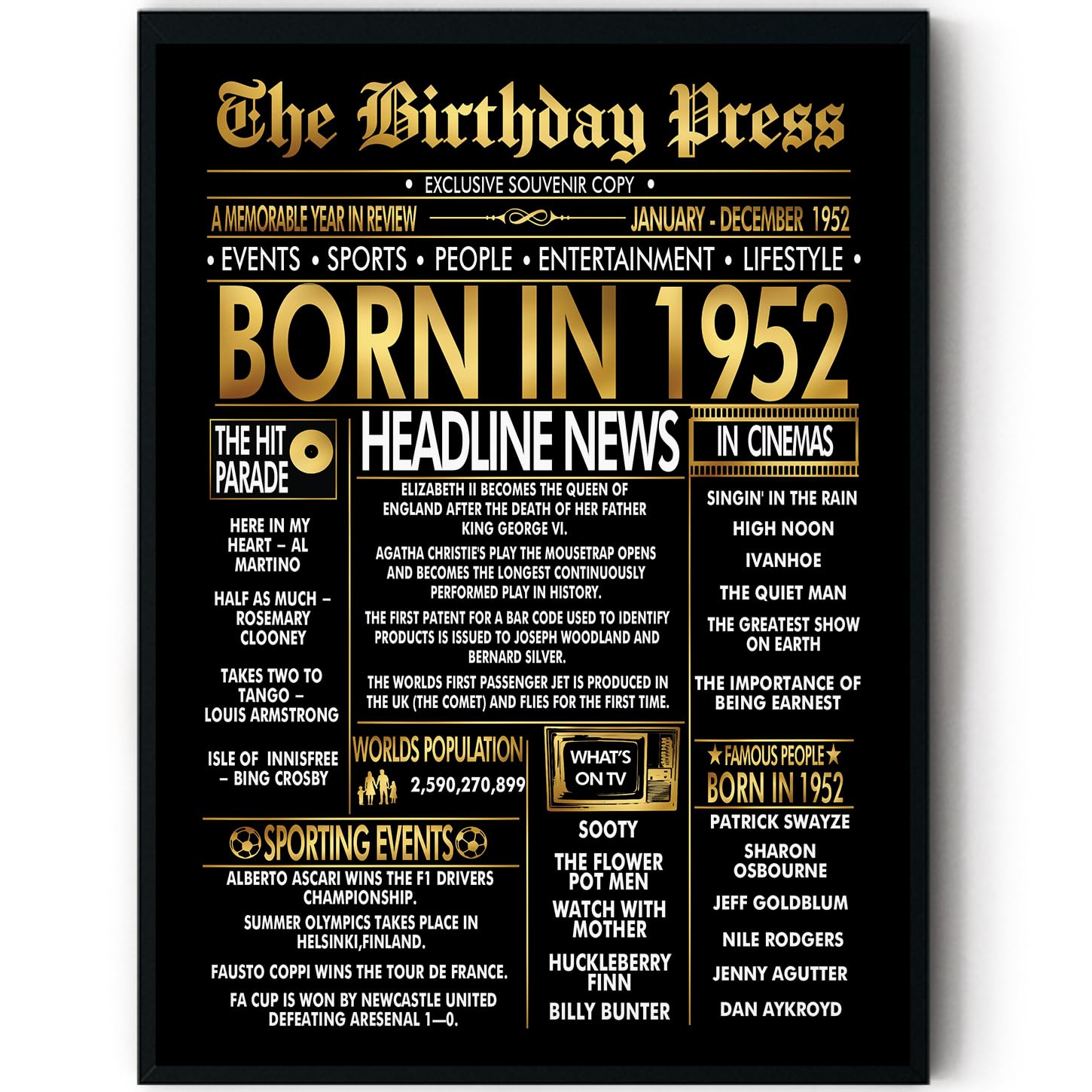 Stuff4 Men's 1952 Gold 74Th Birthday Poster Framed - Golden Born In Newspaper - Happy 74 Birthday For Wo Retro Vintage Gifts Back In 8X10 Inch Bday Party Decor Decoration