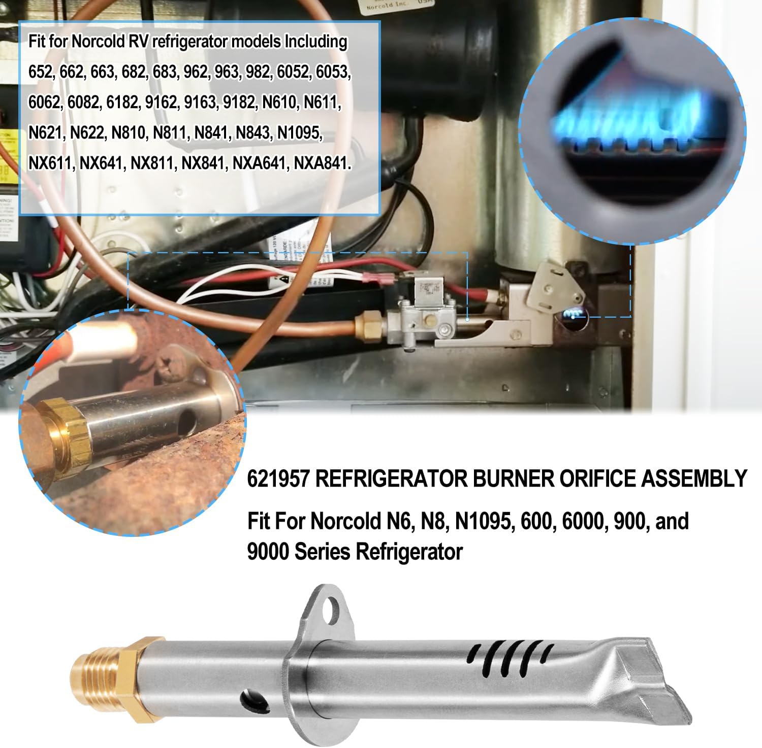 621957 Refrigerator Burner Orifice Assembly Replacement Parts Kit Fit for Norcold N1095, N61X, N62X, N64X, N81X, N82X, N84X Series RV Refrigerator