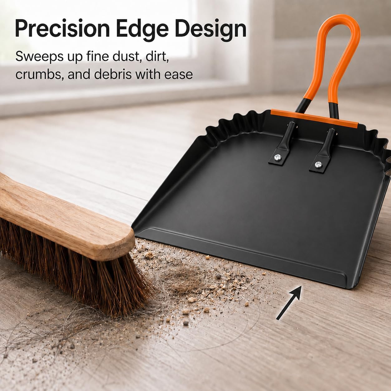 17” and 12” Heavy-Duty Metal Dustpans and Brush Set with Rubber Lip Edge