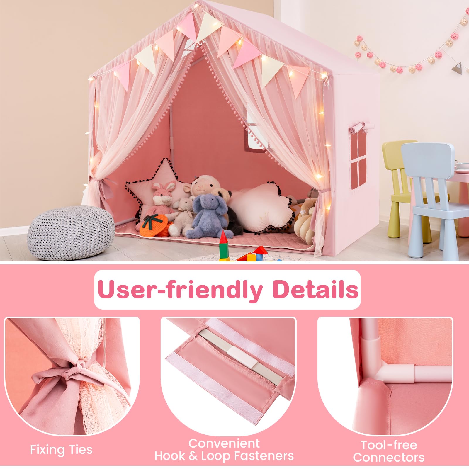 HOMASIS Tienda de Campaña Infantil con Colchoneta de Algodón, Casitas Infantil Tela de Interior con Luces, Cortina y Banderas, Cabañas para Niños a Partir de 3 Años, 146x96x133cm (Rosa)