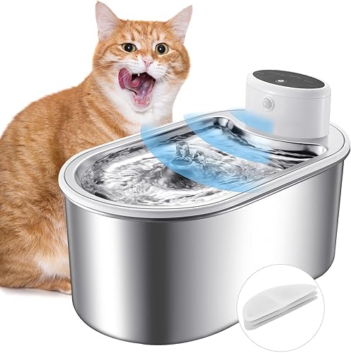 Fuente de agua inalámbrica para gatos de acero inoxidable, fuente de agua para perros, dispensador automático de agua de 101 onzas3 litros para