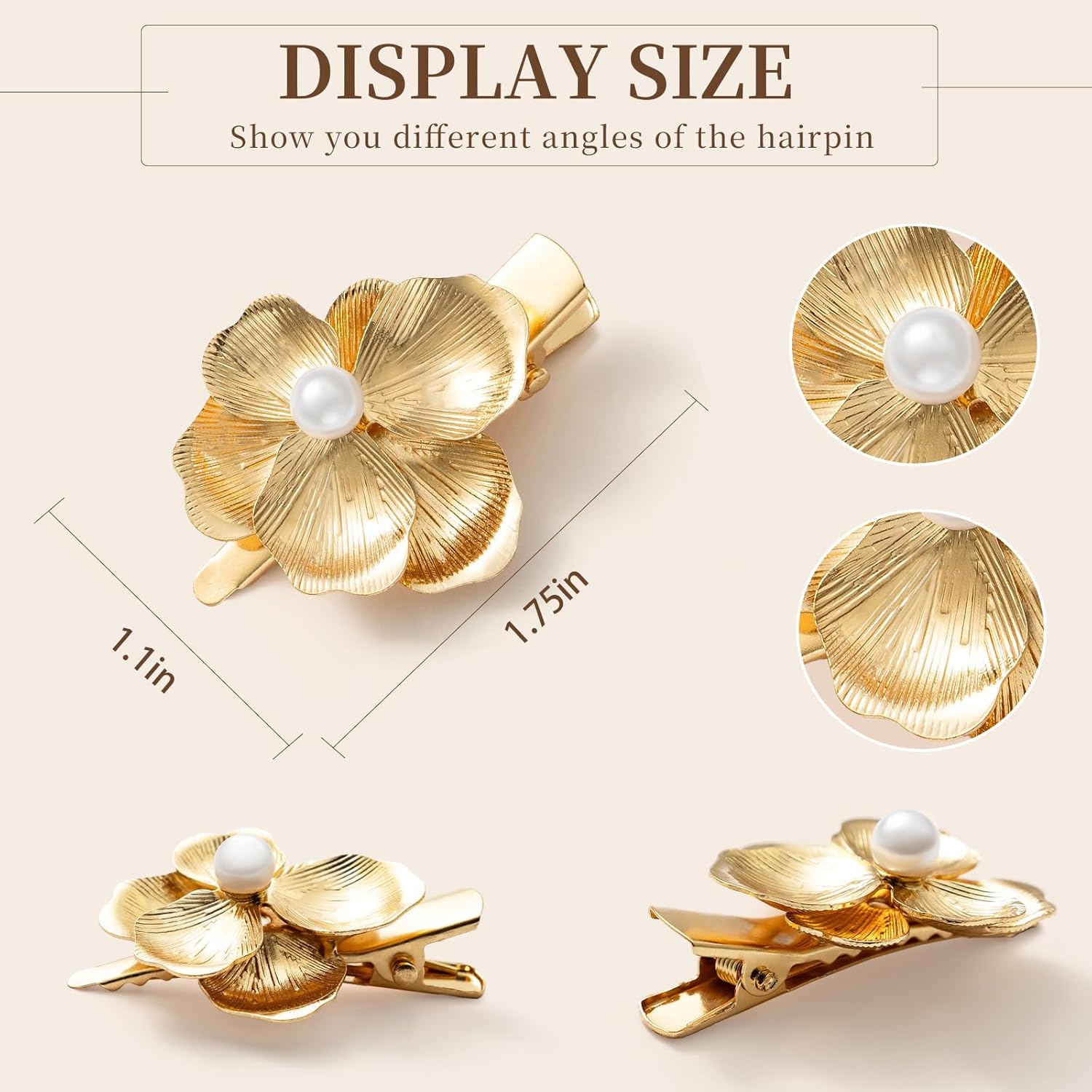 6 Pack Gold Flower Hair Clips for Girls, Small Hair Claw Clips with Pearl Accents, Metal Alligator Hair Barrettes Hair Clips for Styling - Gift Ready Floral Hair Accessories for Women - Image 2
