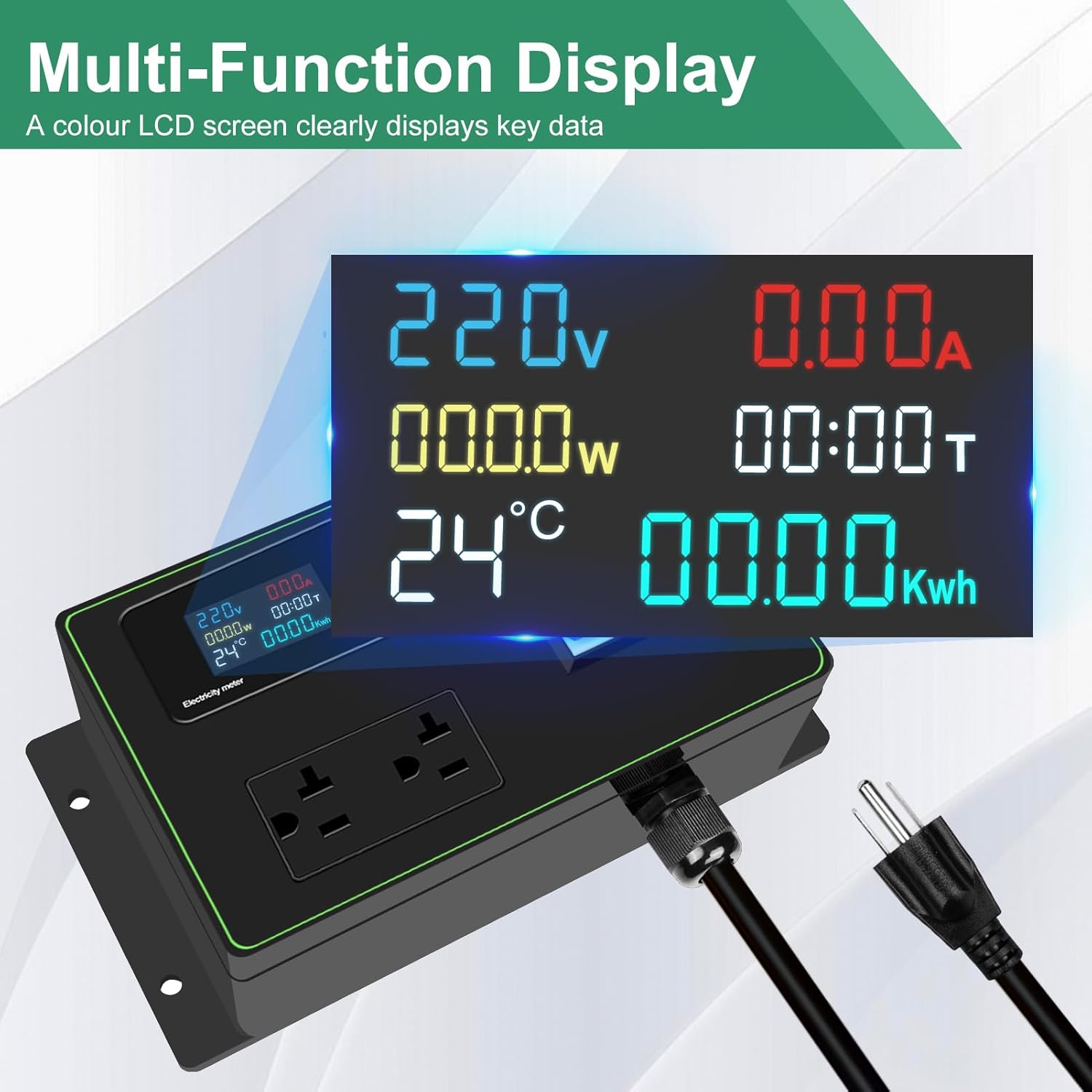 15A AC Power Meter, 125V Digital Multimeter Tester, NEMA 5-15P to NEMA 5-20R Outlet Monitor with 10FT 14AWG Cable and 20A Circuit Breaker, Real-Time Voltage, Current, Power, and Energy Monitoring