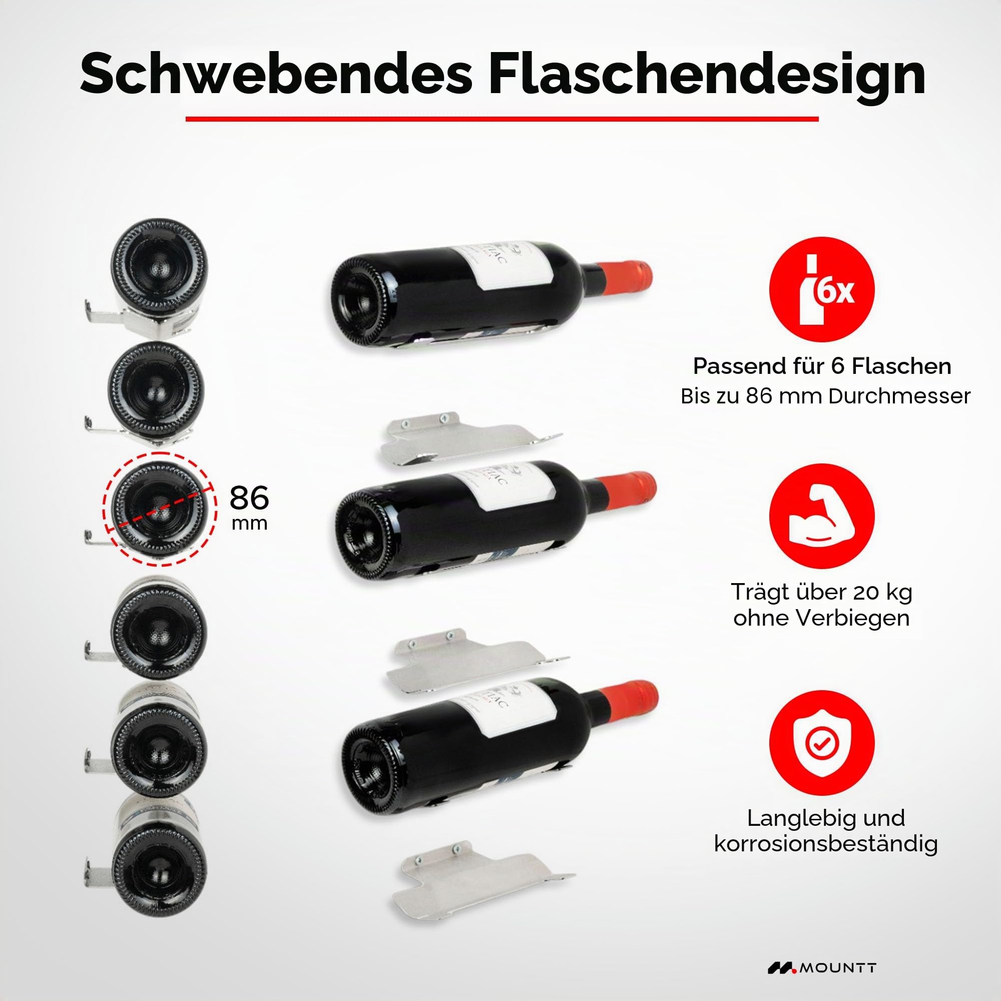 Weinregal aus Edelstahl zur Wandmontage – Aufbewahrungslösung für 6 Flaschen mit abnehmbarem Design und modernem schwebendem Design – stabiler, vielseitiger Weinflaschenhalter für Küche, Bar