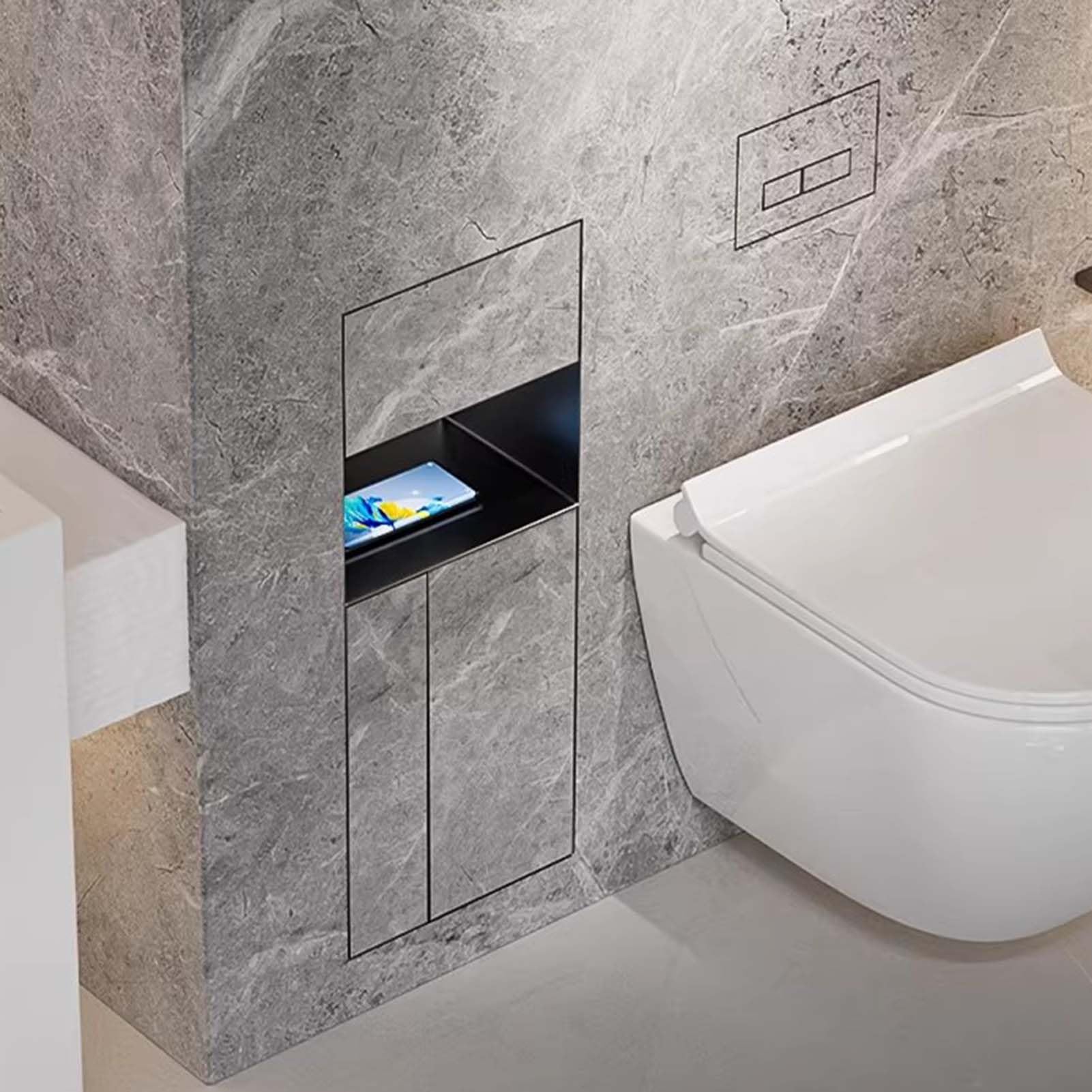 Nizer Étagère murale 3 en 1 pour salle de bain Support de papier toilette encastré avec étagère pour téléphone et poubelle pour douche et rénovation
