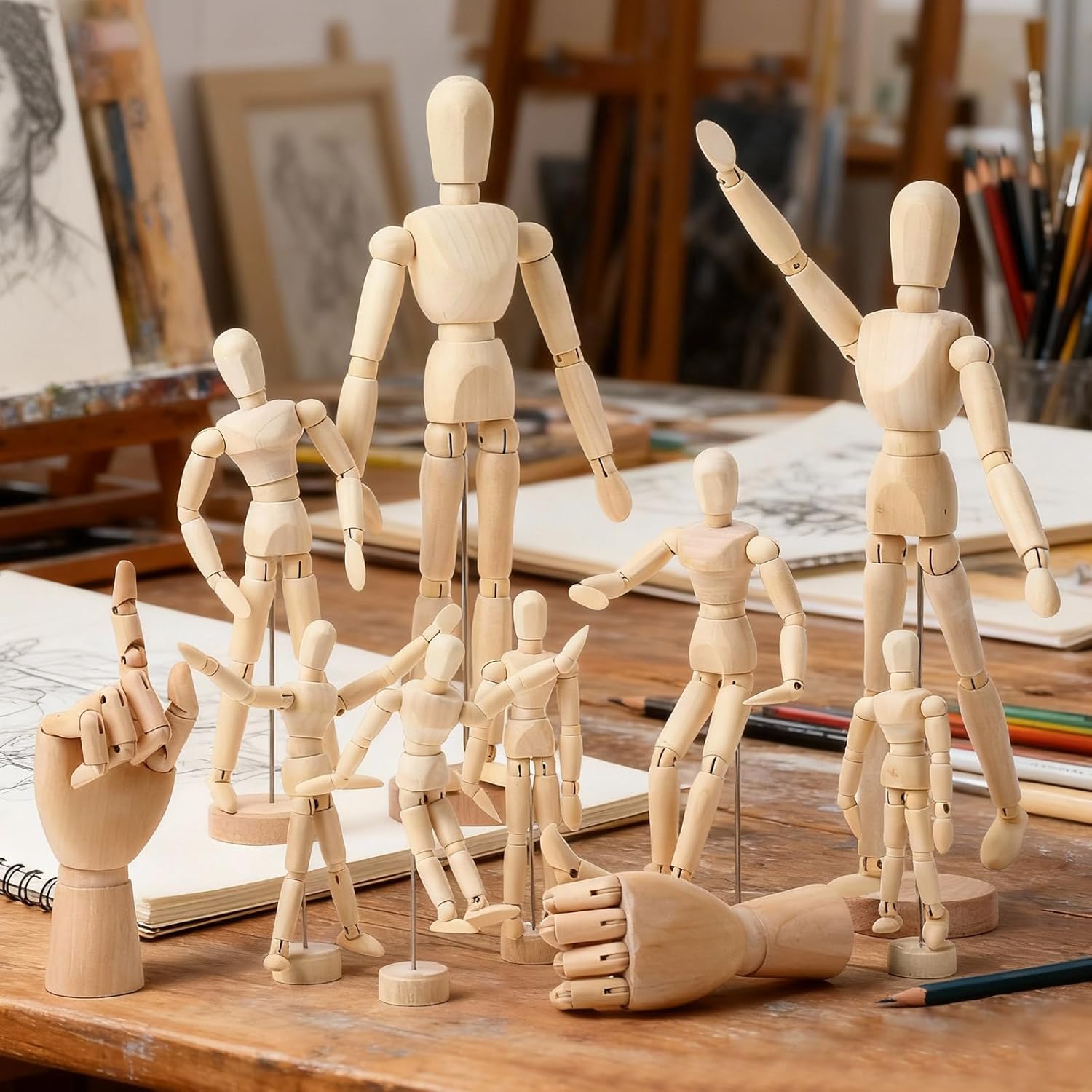 Cinnvoice 10 Pack Artist Wooden Mannequin, 4.5'' 5.5'' 8'' 12'' Drawing Figure Flexible Wooden Hand Model 7'' Art Drawing Hand Model for Sketching Painting Office Art Studio Desk Decoration