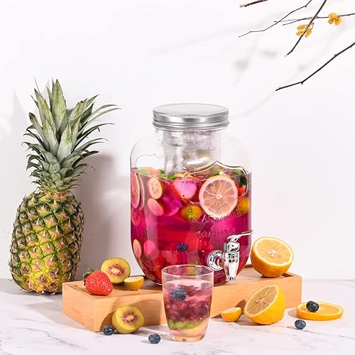 Miniatura 6 de Eleganttime Dispensadores de bebidas de vidrio de 1 galón para fiestas, paquete de 2 dispensadores de bebidas con infusor de frutas, dispensador de