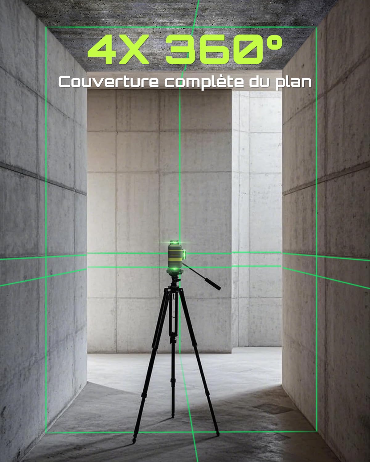 LasGoo LG-4D 16 Faisceau Vert 4x360° Niveau Laser, Auto-Nivelant avec Disposition Horizontale et Verticale, Idéal pour la Construction et la Pose de Cadres, Support Pivotant Magnétique Inclus