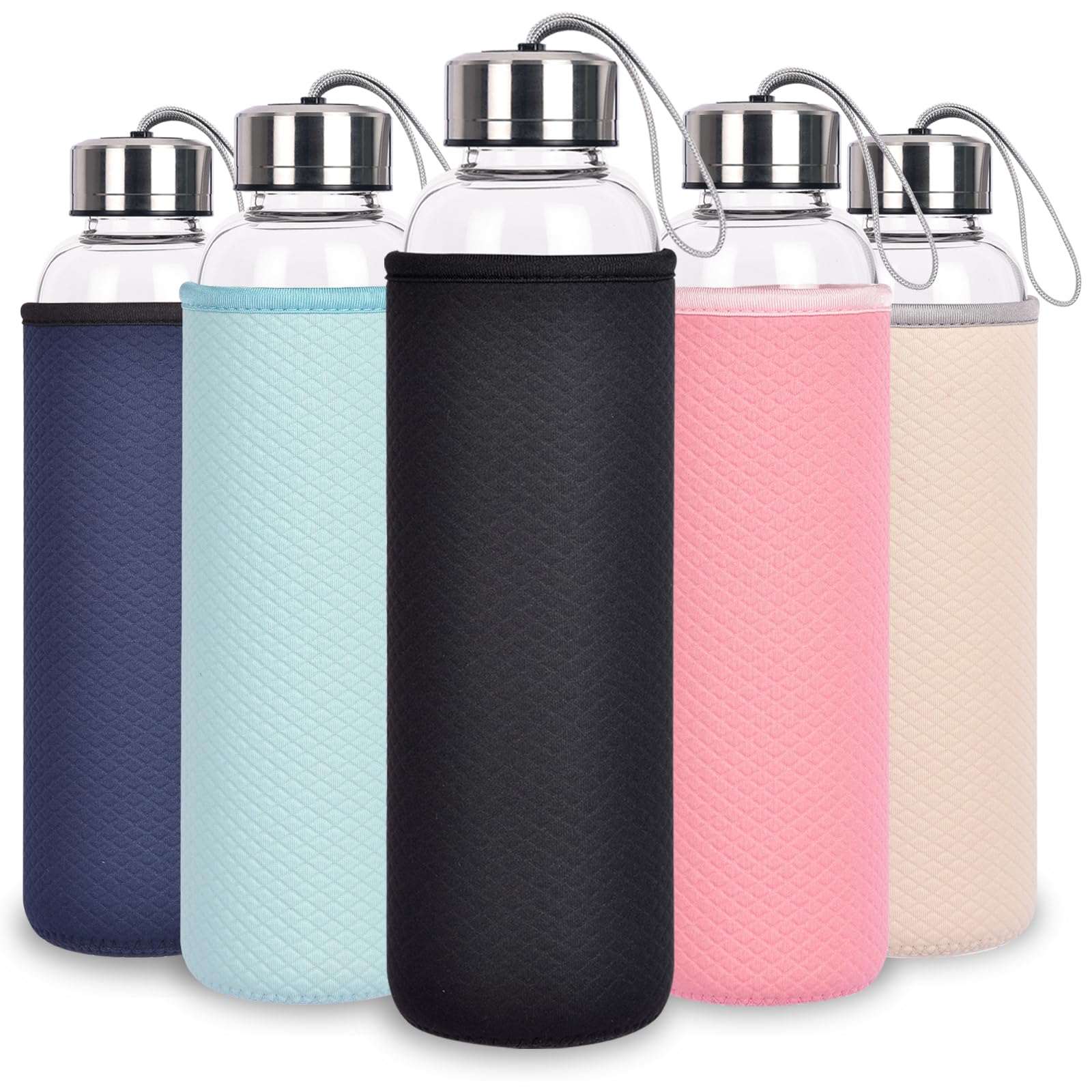 Ferexer Glass Water Bottle 1L with Carrying Cord, 1000ML Borosilicate Glass Leak-Proof BPA-Free Glass Drink Bottles for Coffee, Tea, Juice, Milk, Microwave and Dishwasher Safe (1-Pack, Black)
