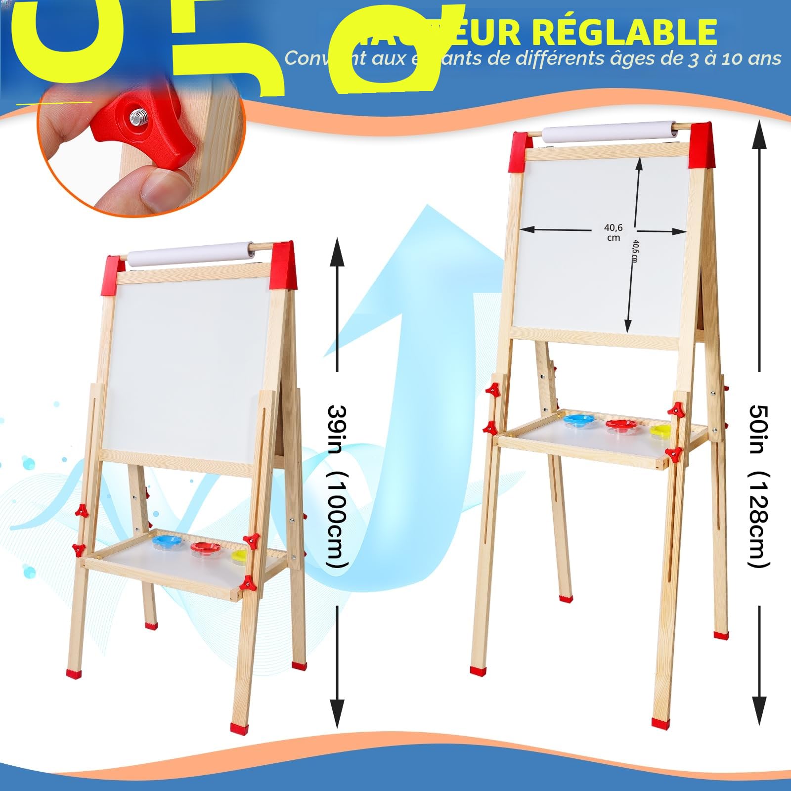 Chevalet Enfant Double Face en Bois avec Rouleau à Papier - Tableau Blanc & Noir Réglable - Cadeau Anniversaire Fille Garçon (Accessoires Inclus)