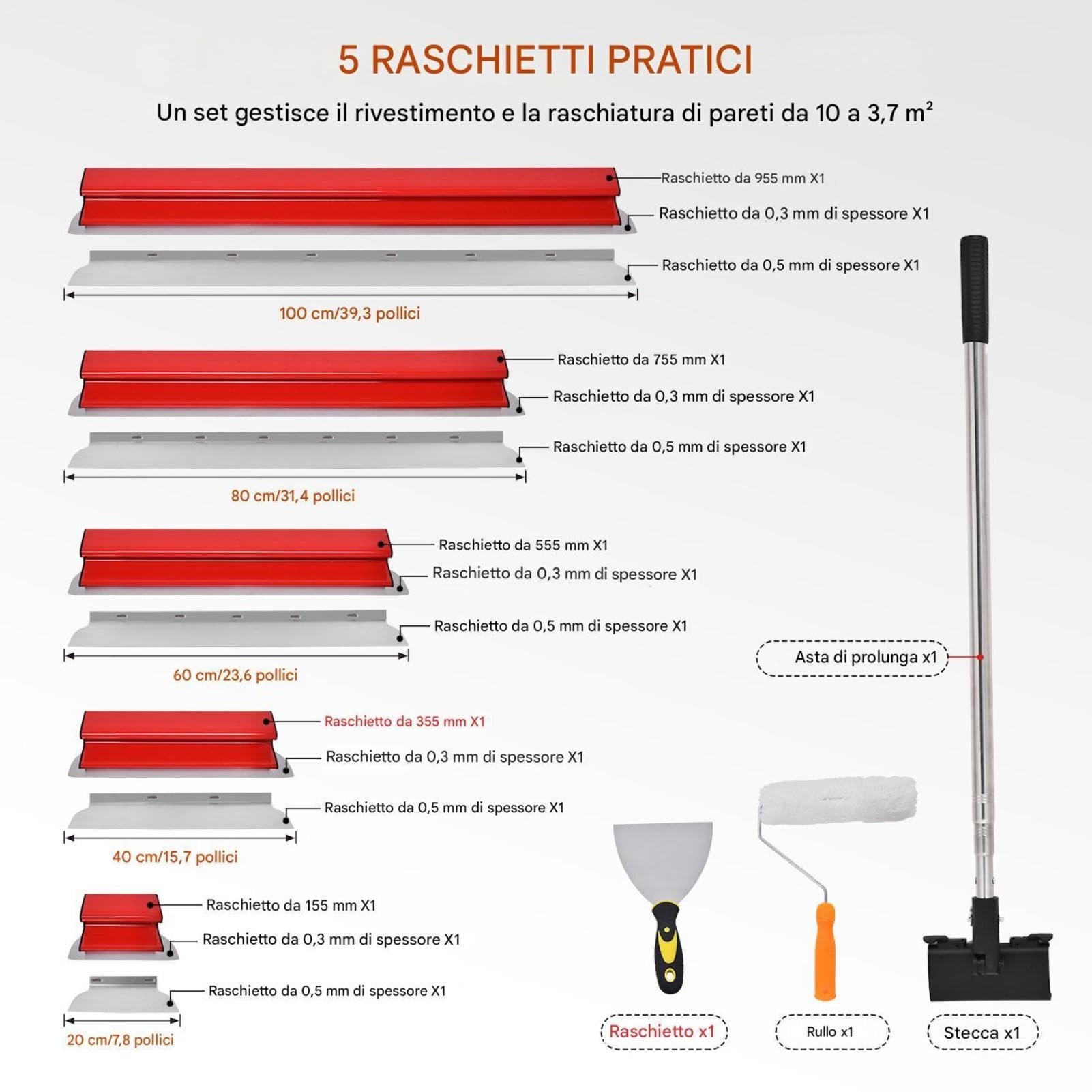 Frattazzo per rasatura professionale asta telescopica 86-207 cm spatola per stucco con 10 misure di lama(155-955 mm) manico regolabile antiscivolo valigetta inclusa – per lisciare grandi superfici A