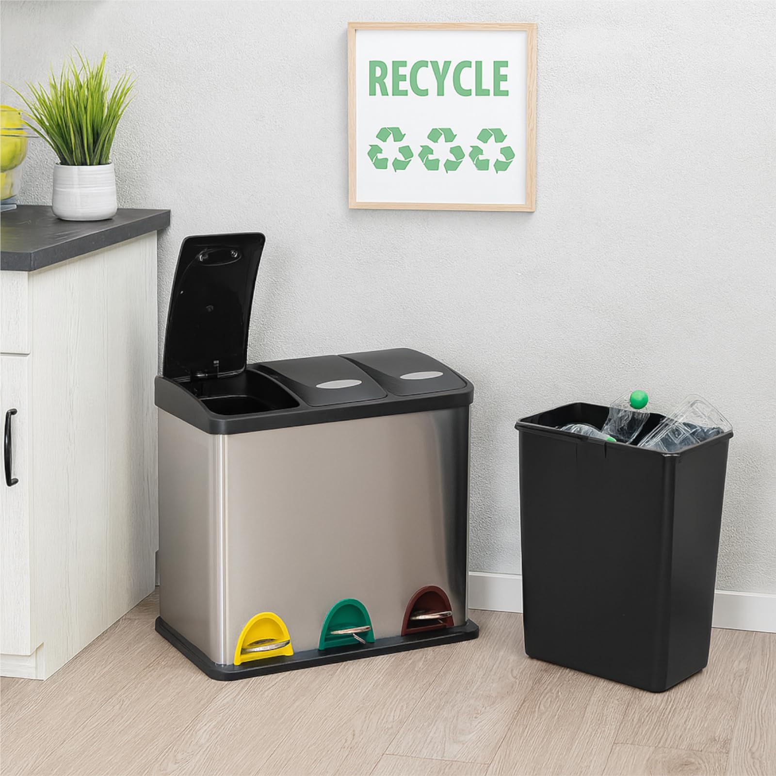 Mülleimer 24L 3 Fächer, Edelstahl Treteimer mit Inneneimern, Mülltrennsystem Küche, Abfalleimer mit Pedal, Recycling Abfallbehälter modern, Mülltrennung für Küche und Büro