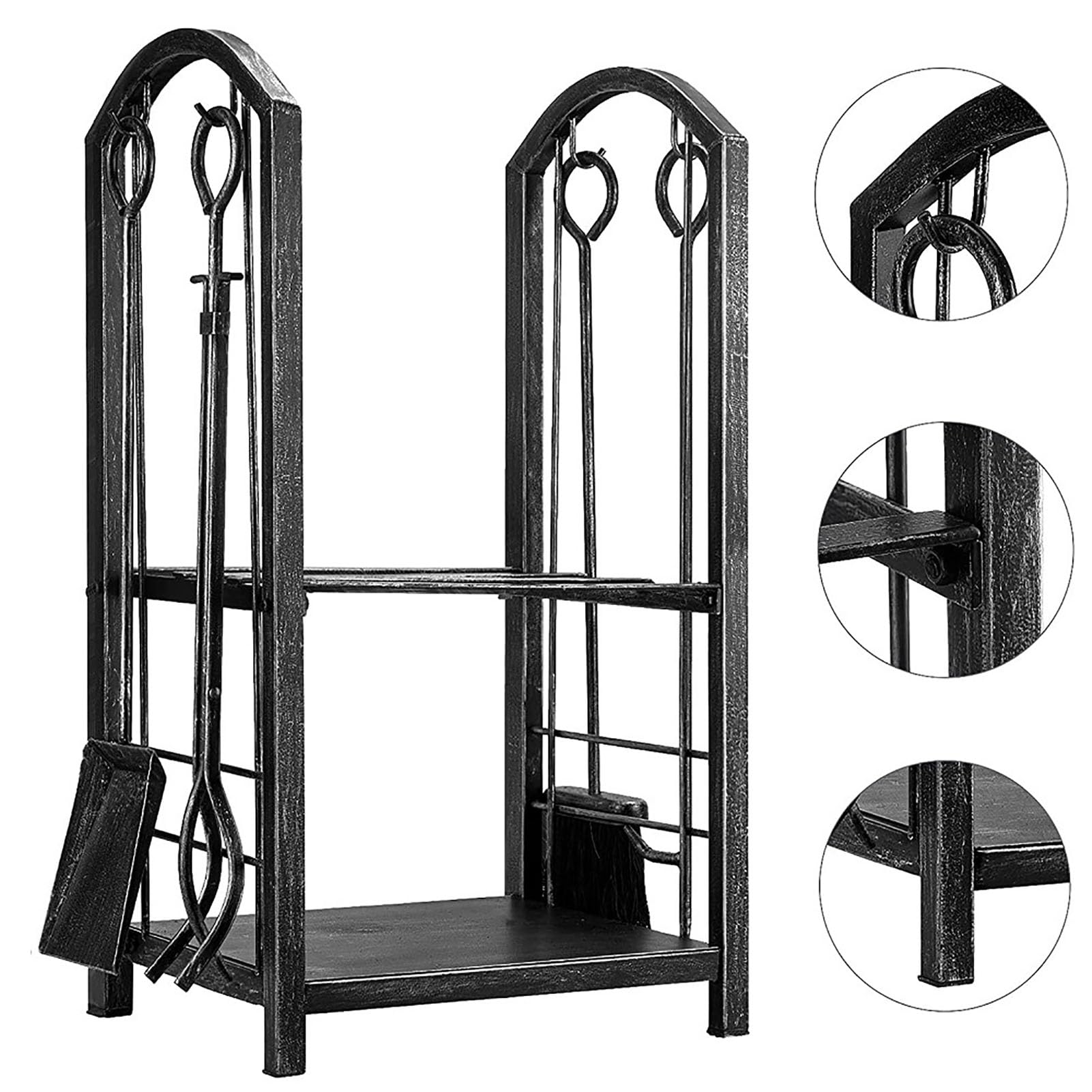 Support pour bois de chauffage avec 5 outils de cheminée – Porte-bûches, pince, brosse tisonnier et pelle pour le rangement et la niisation du bois de chauffage – Design élégant