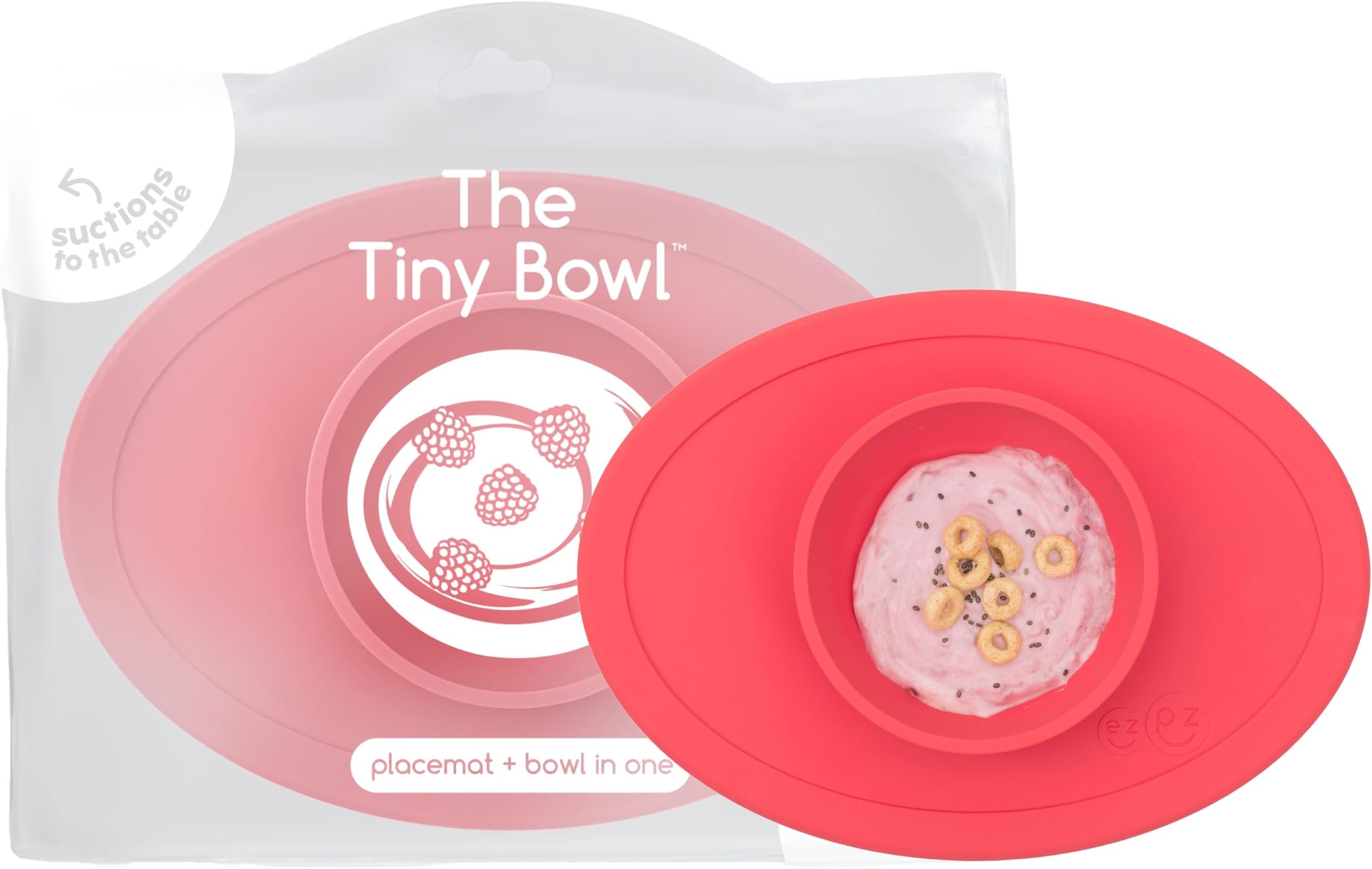 ezpz Tiny Bowl - 100% Silicone Suction Bowl with Built-in Placemat for First Foods + Baby Led Weaning - Fits on All Highchair Trays - 4 Months+ (Coral)