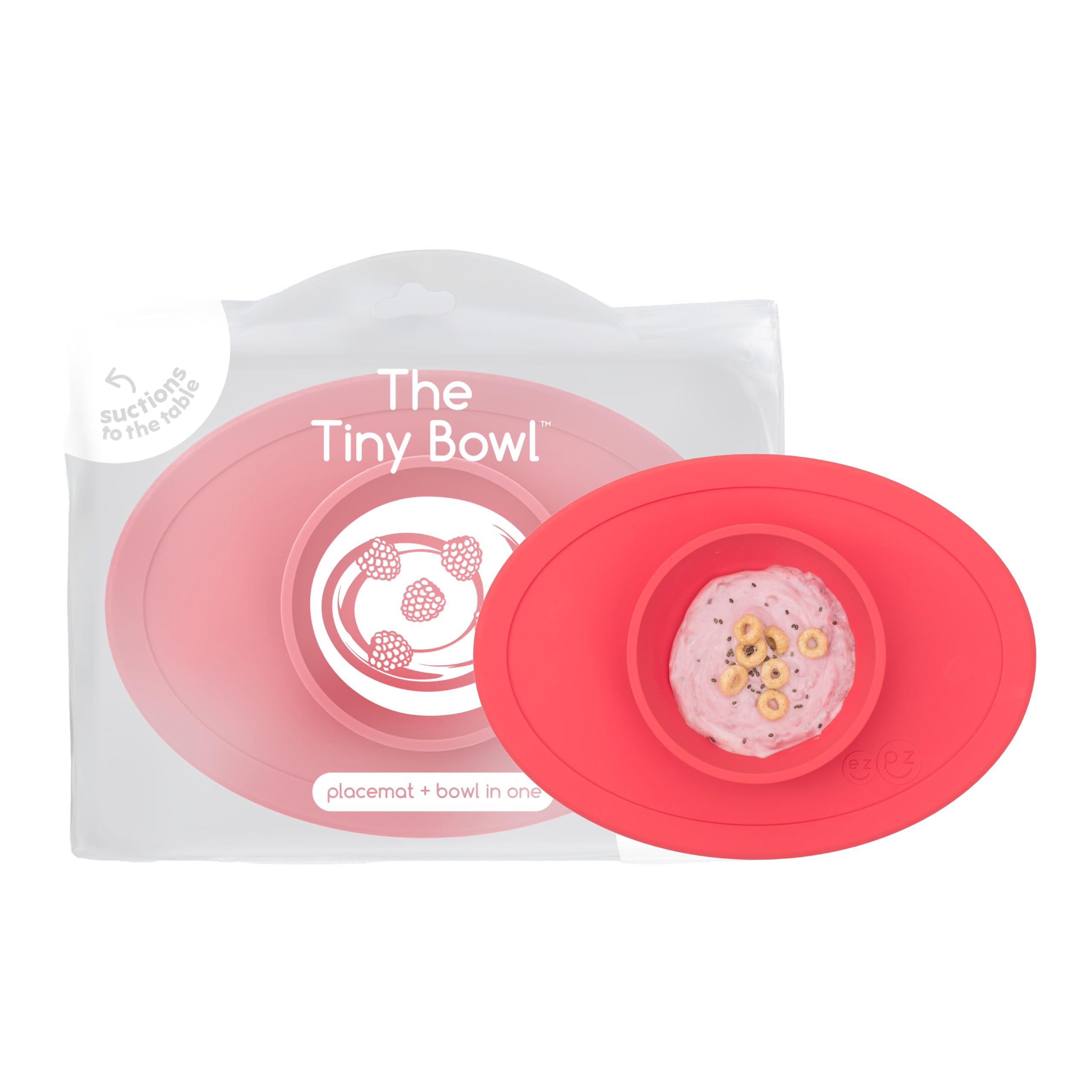 ezpz Tiny Bowl (Coral) - 6 Months+ - 100% Silicone Suction Placemat + Bowl for Infants - Fits All Highchair Trays - Baby-Led Weaning Supplies