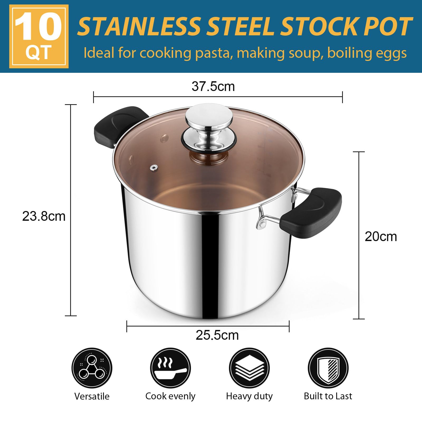 HaWare Olla grande de acero inoxidable de tres capas de 10 L y 25,5 cm para cocinar pasta y sopa de sopa, apta para inducción/electricidad/gas/cerámica, mango resistente al calor y tapa transparente,