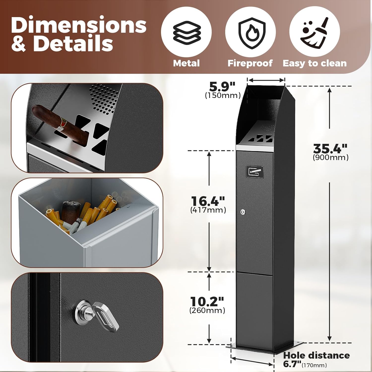 Standing Cigarette Butt Disposal Outdoor, Receptacle,Ashtray,Bin,Fireproof, Prevention of Waterlogging, Corrosion Resistant, Smokeless, Suitable for Indoor, Offices,Smoking Areas.Black