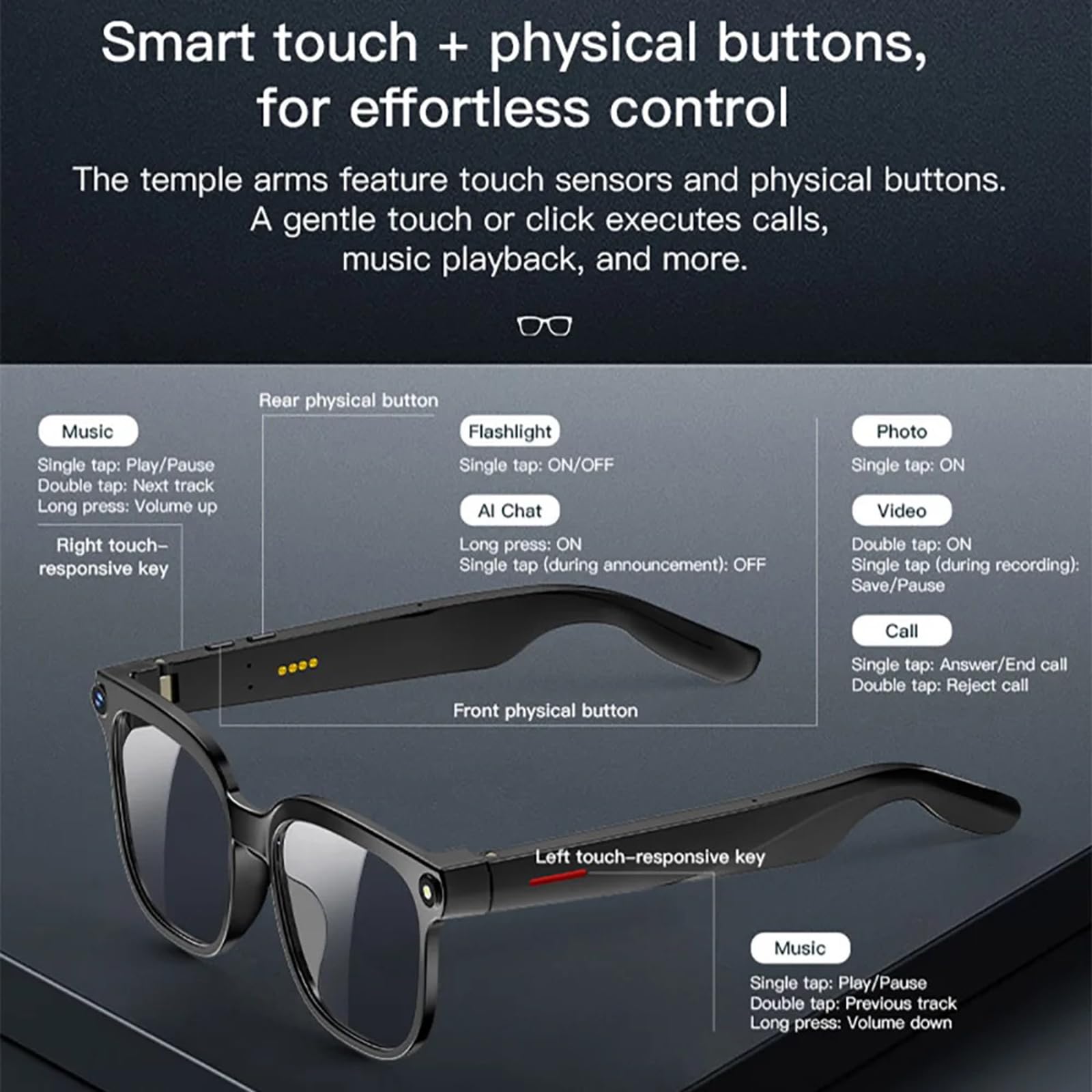 ULUCAN Gafas inteligentes con IA y cámara de 8 MP, gafas de sol con audio Bluetooth de oído abierto para hombres y mujeres, asistente de voz con IA, reconocimiento de objetos, traducción