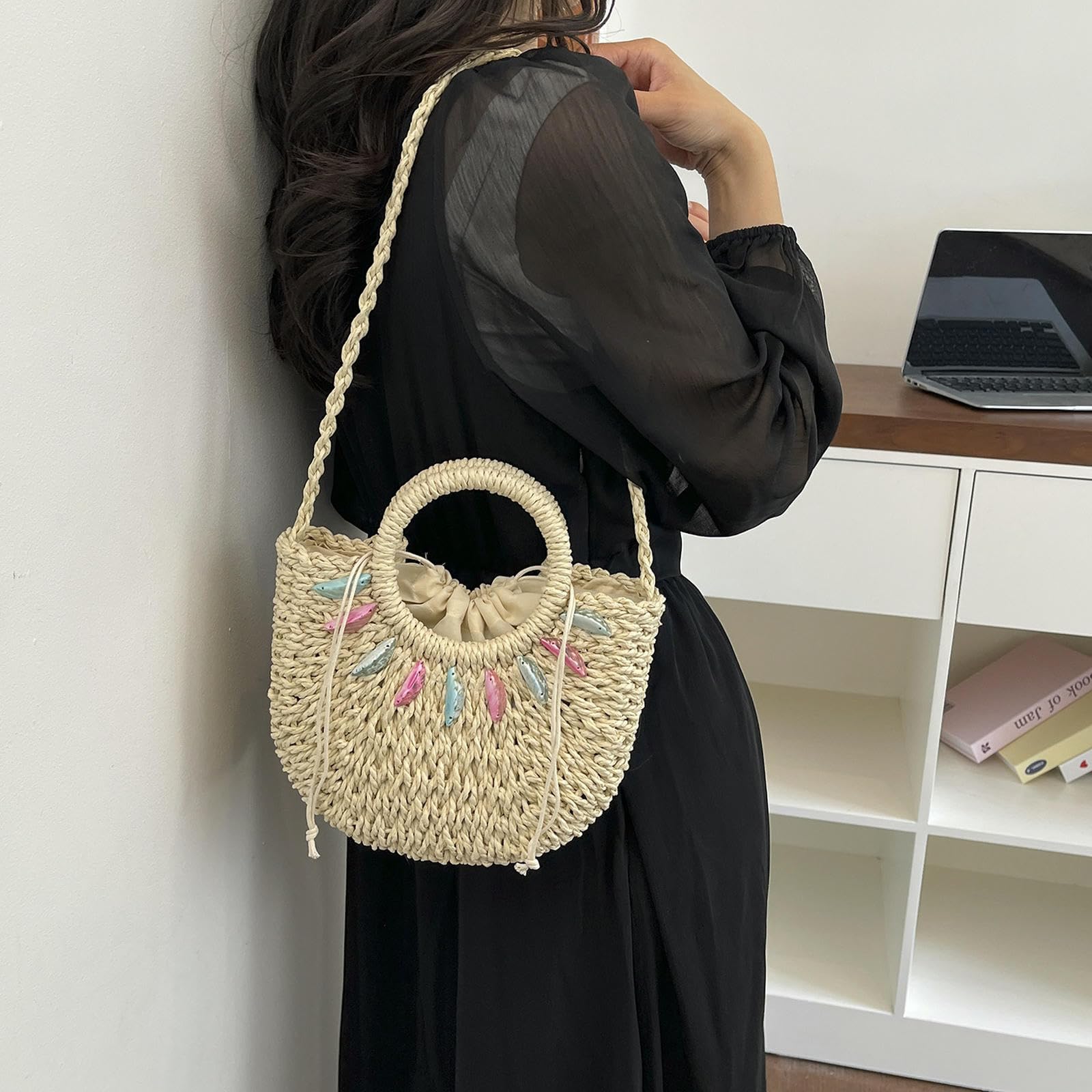 Damen Handtasche Taschen, Modische Tragbare Strohtaschen, Gewebte Damentaschen Für Den Urlaub Am Strand, Trendige One-Shoulder-Crossbody-handtaschen-Khaki