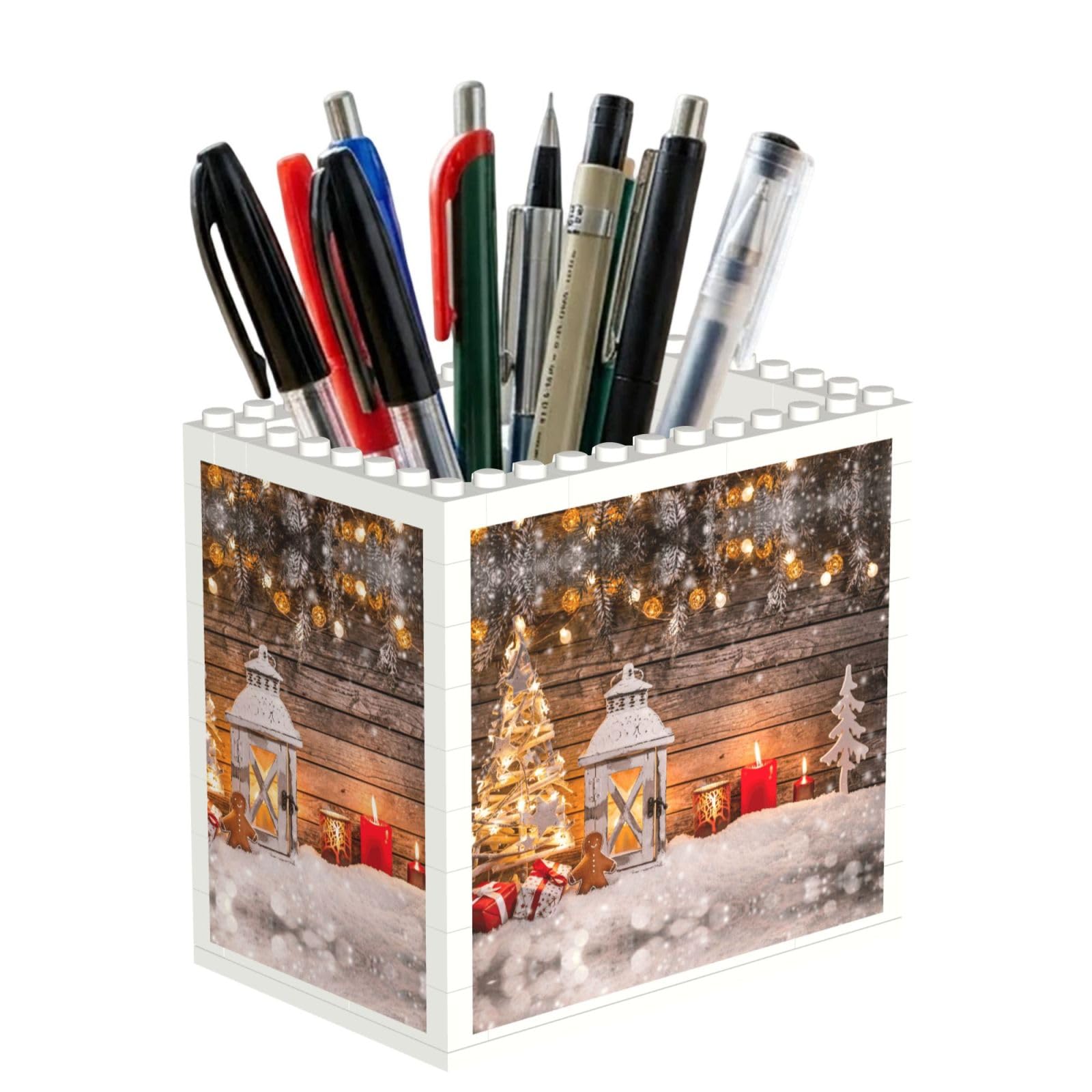 SATUSA Merry Christmas Wooden Board Candle Deer Print Building Block Texture Pen Holder - Pencil Holder For Desk Pen Organizer,Aesthetic Desk Accessories For Women(1pcs)
