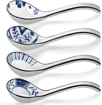 Ceramic Soup Spoons Set of 4-6.3 Inch Asian Soup Spoon Long Handle Chinese Soup Spoon Japanese Ramen Spoon for Pho Dumplings Wonton Miso Cereal Stews Noodles