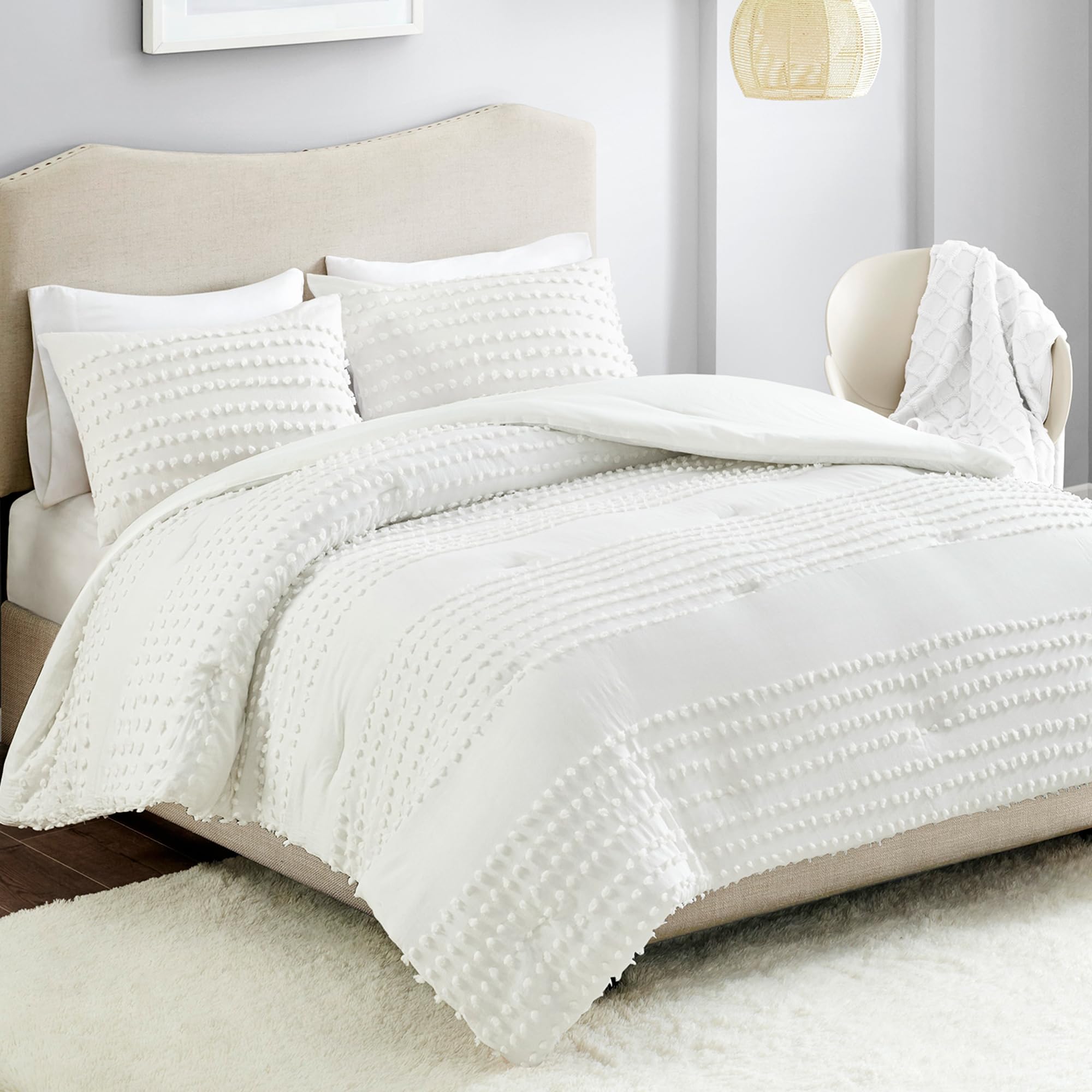Cotton Comforter Set Jacquard Pom-Pom Tufts Design, Down Alternative, All Season Modern Bedding, Matching Shams, Twin/Twin XL, Phillips, Ivory
