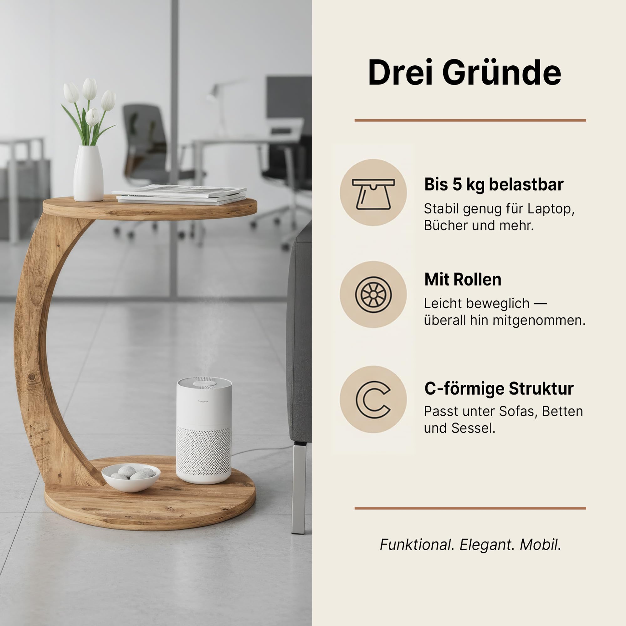 Beistelltisch C-Form, Sofatisch mit Rollen, Couchtisch rund Holz Optik, Laptoptisch Couch, 56 x 38 cm (Oak, C-Form Rund)