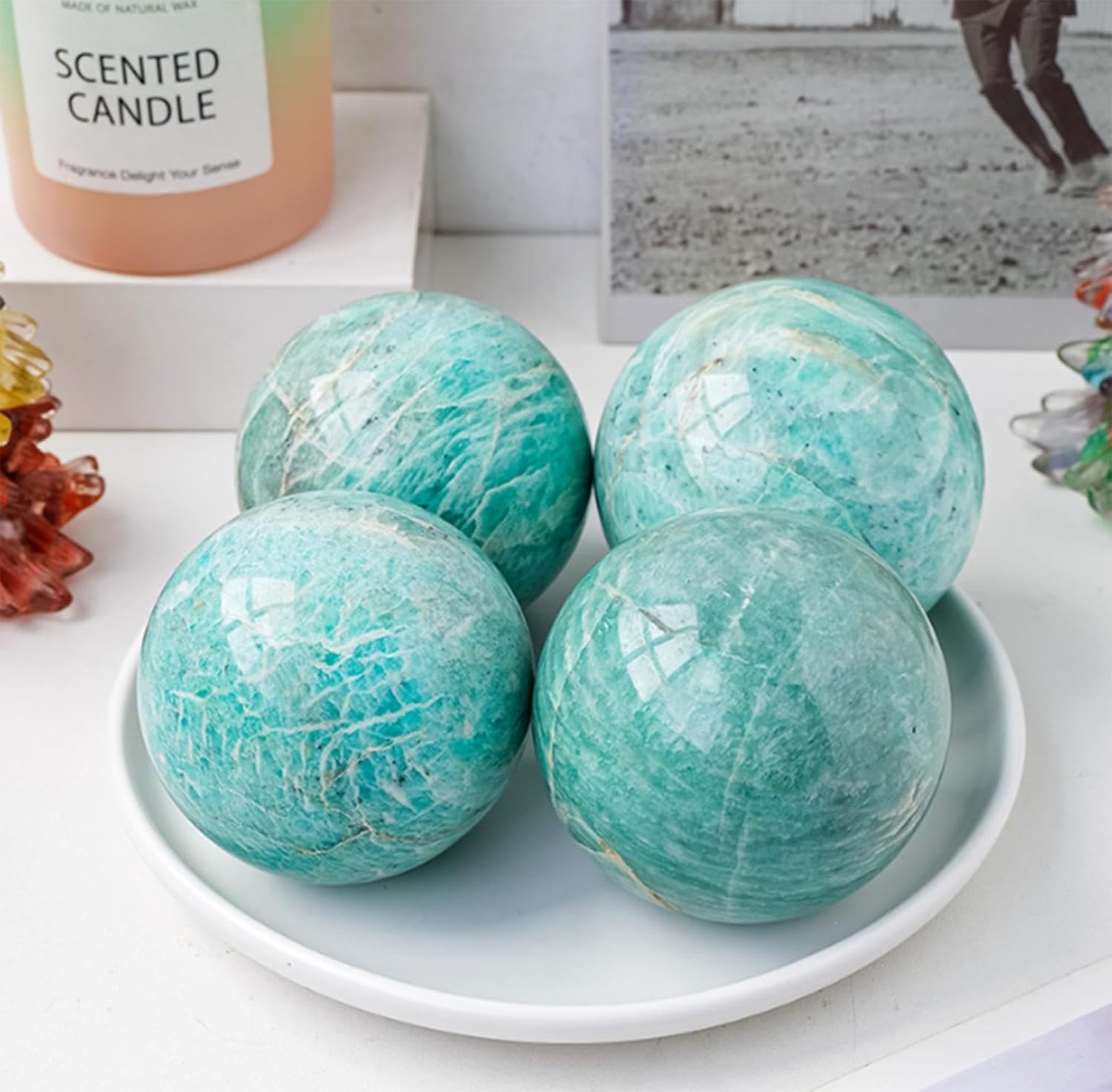 Feng Shui Gemstone Sphere Crystal Ball Sculpture Figurine with Wooden Stand for Home Decoration Divination,70-75mm