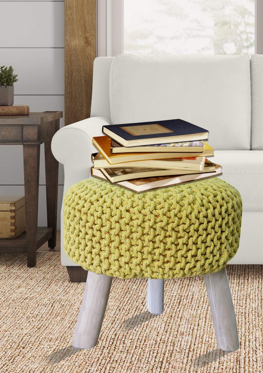 Excel Hometex Luxurious Round Nautral Hand Knit Pouf Floor Ottoman 100% Cotton Braid Cord Wooden Foot Stool (Yellow, 20