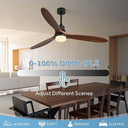 Miniatura 4 de Ventilador de techo de 52 pulgadas con control remoto, ventilador de techo de perfil bajo sin luz, 3 ventiladores de techo de madera de nogal sin