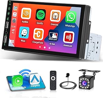 Hikity Single Din Car Stereo with Wireless Apple CarPlay Android Auto, 7 Inch Touch Screen Bluetooth Car Radio Hands-Free FM AUX USB Rear View Camera Remote Control