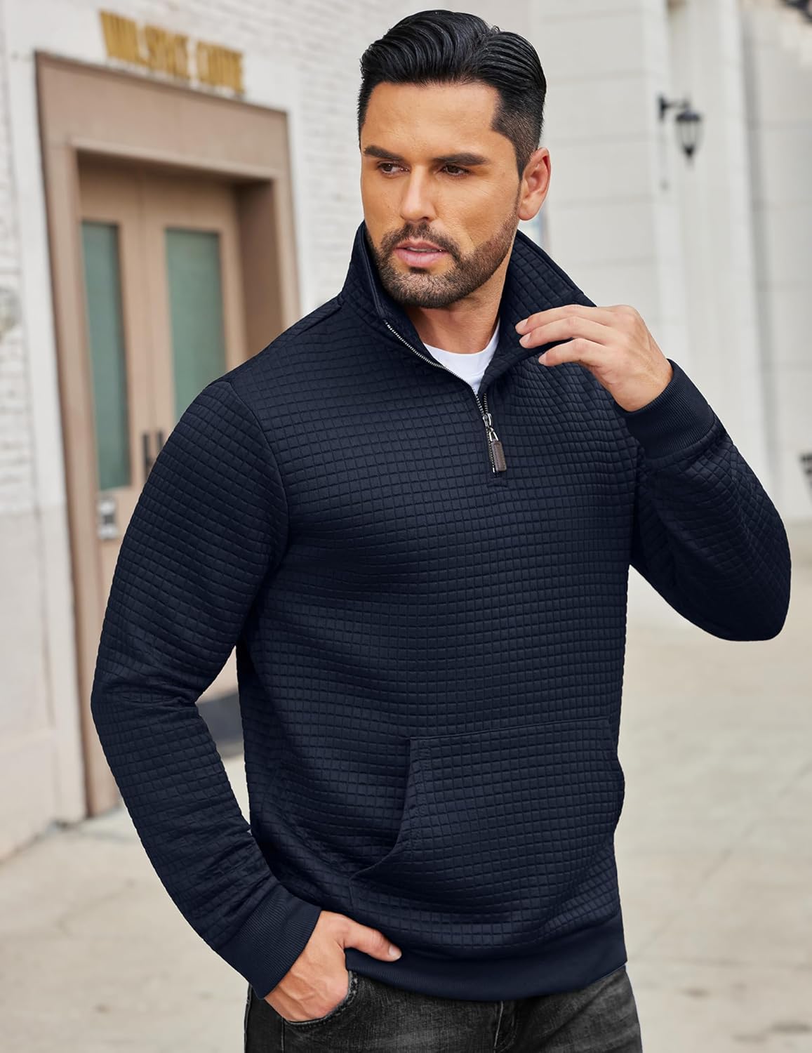 COOFANDY Mens Quarter Zip Sweatshirt Long Sleeve Casual Waffle Pullover Hoodies with Pocket
