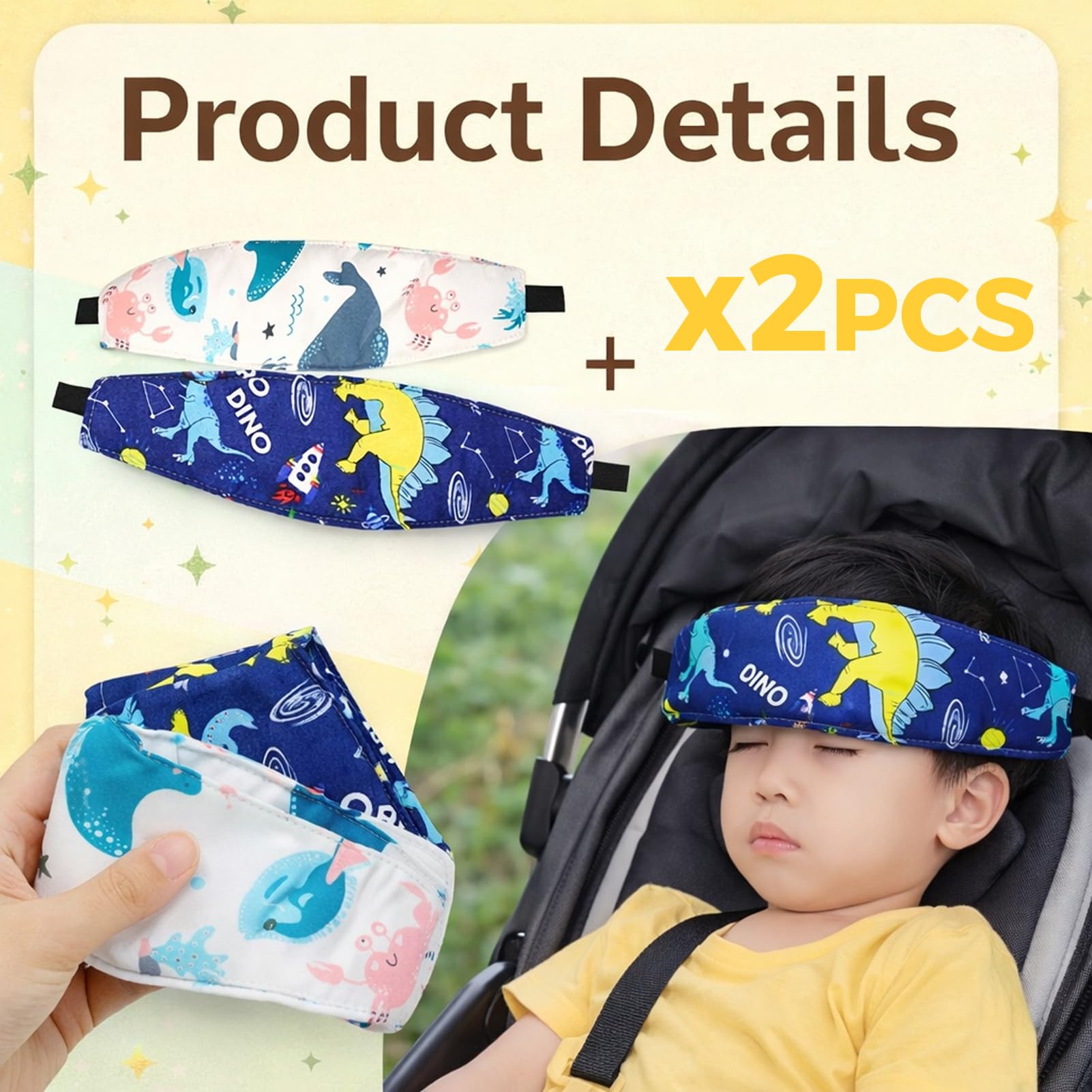 2 Stück Kinder Kopfstütze, weiches Kopfband für bequemes Schlafen unterwegs, verstellbare Komfortstütze für Kinderwagen und Reise, mit Stirnpolster - 4