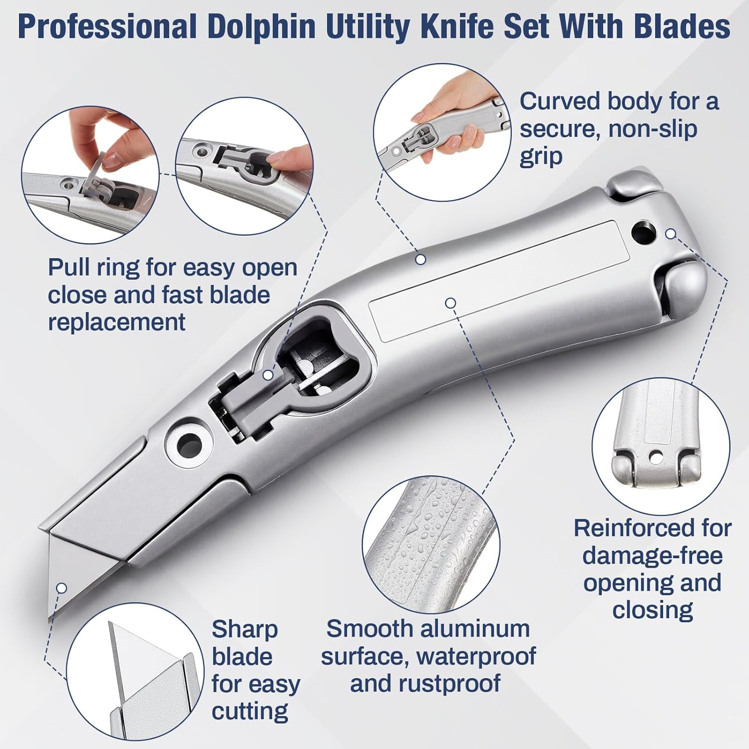 WILLBOND 2 Pack Dolphin Carpet Knife with Sheath 7.3 x 1.8 x 1 Inch Heavy Duty Roofing Utility Knife Blade Change Design Cast-aluminum Anti-slip Handle, Includes 10 Blades