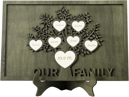 Vista 144 de Árbol genealógico con etiqueta de corazón, placas de madera grabadas personalizadas, regalos personalizados para madres, padres, escritorio, nombres