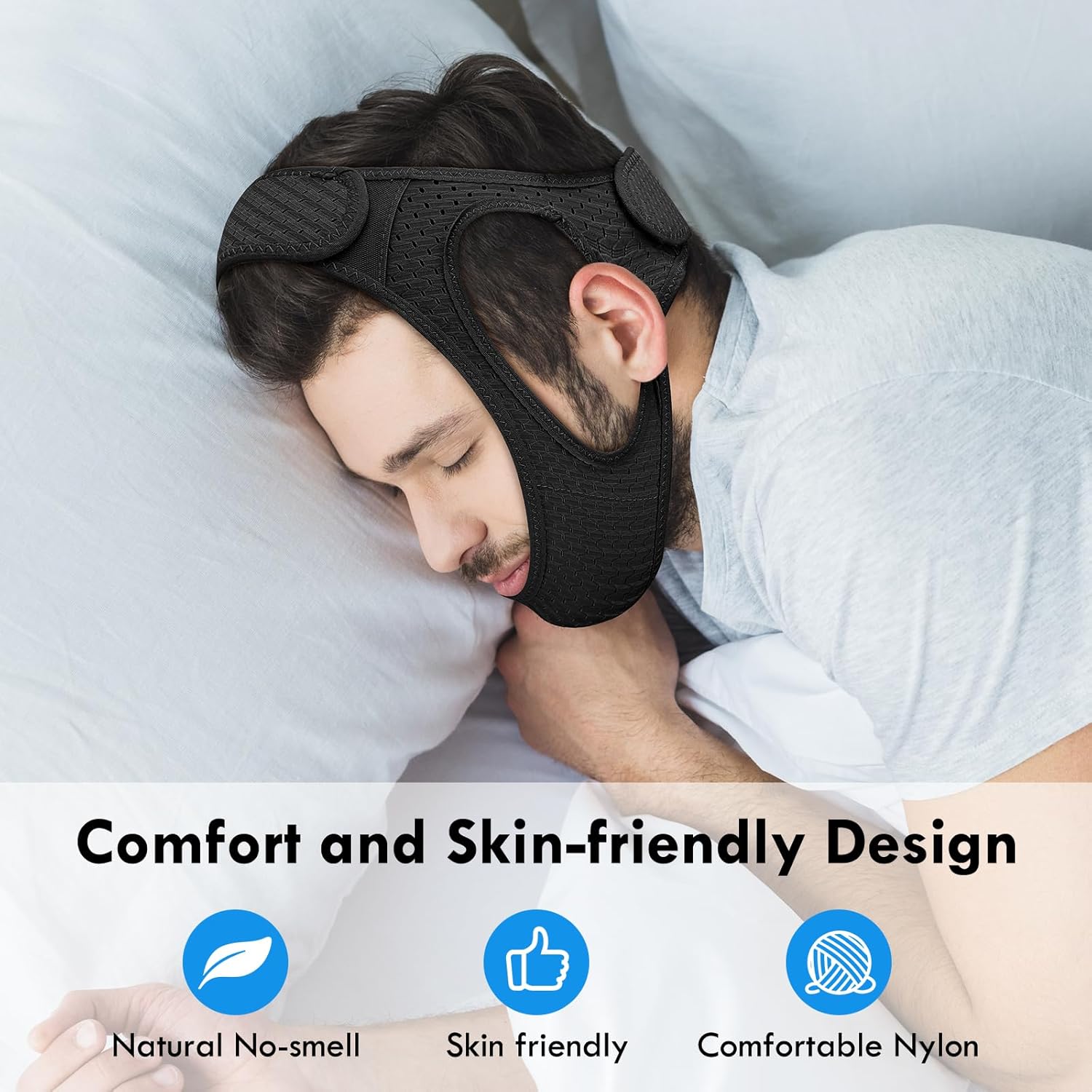 Anti Snoring Chin Strap, Comfortable Chin Strap for Sleeping Anti Snore Chin Strap, Adjustable and Breathable Jaw Strap for Sleep for Men or Women, Non-Stick Hair Anti Snoring Devices, Black - Image 6