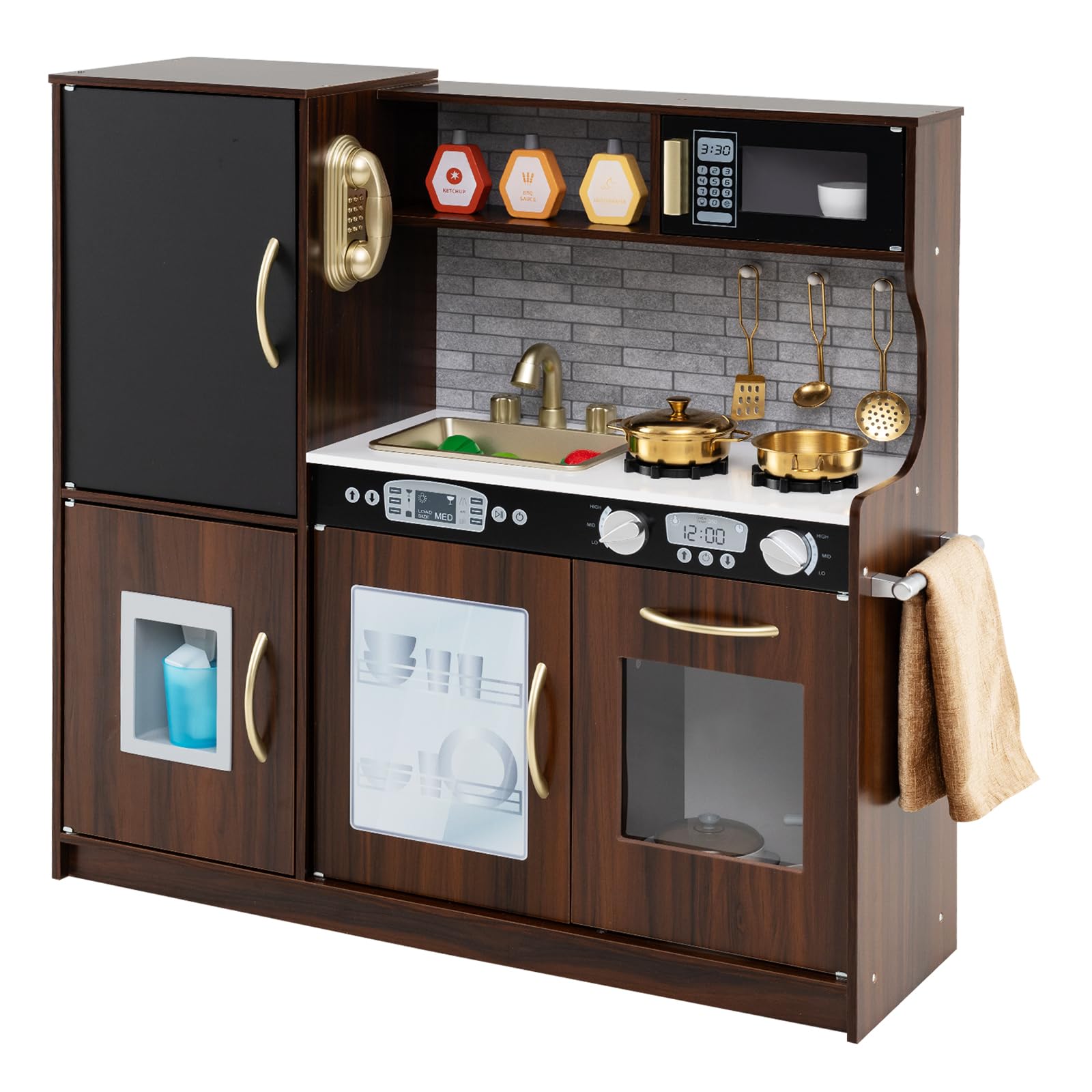 Maxmass Kids Play Kitchen, Wooden Children Pretend Kitchen with Ice Maker, Telephone, Chalkboard, Double Stoves, Dishwasher, Cookware Accessories, Toddler Boys Girls Cooking Toy Playset (Coffee) — image 1