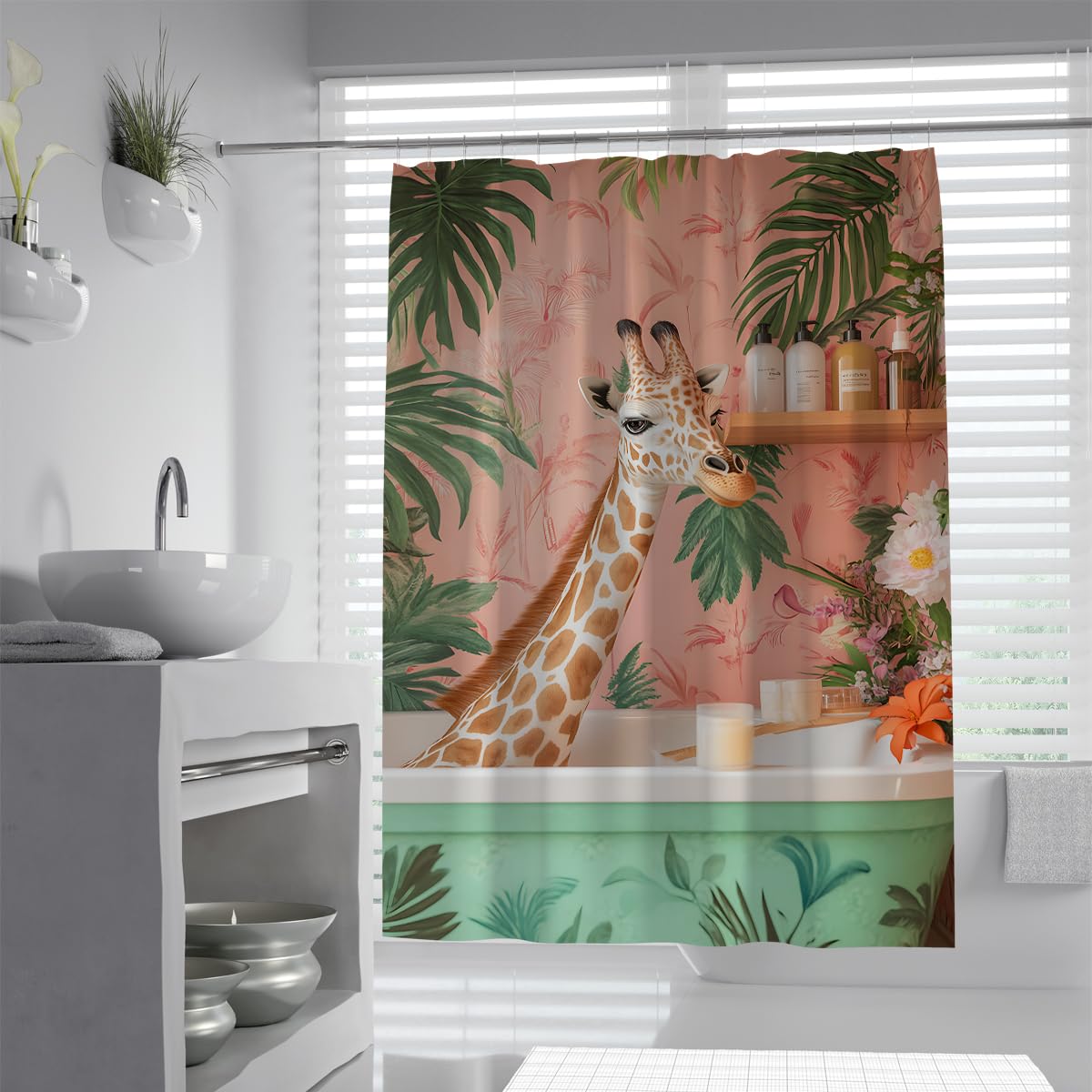Uiringart Shower Curtains Cute Giraffe Shower Curtain W120xl200cm Tropical Palm Fronds Peony Bouquet Botanical Motif Anti-Mould Waterproof Fabrics Bath Curtains For Walk-In Shower With Hooks