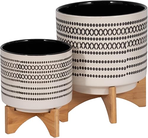 Miniatura 8 de Sagebrook Home Macetas modernas de cerámica con soportes, juego de 2, macetas decorativas de cerámica con base de madera de bambú para el hogar y el