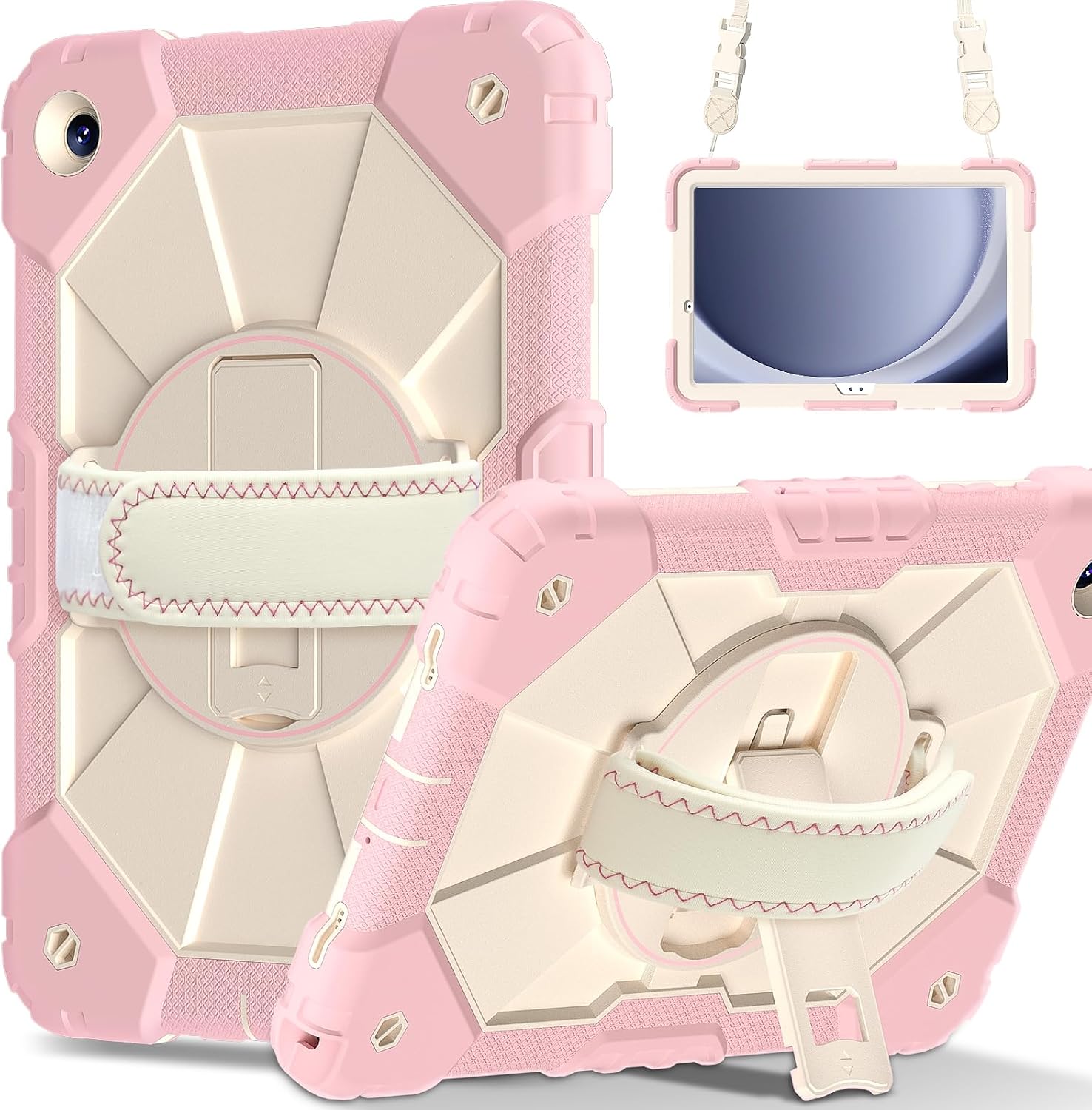 Case for Samsung Galaxy Tab A11+ 11 Inch 2025 (X230/X236B)/A9 Plus(X210/X216/X218), Heavy Duty Shockproof Rugged 360 Rotating Hand Strap Protective Case for Tab A11 Plus Rose Gold+Cream Stone
