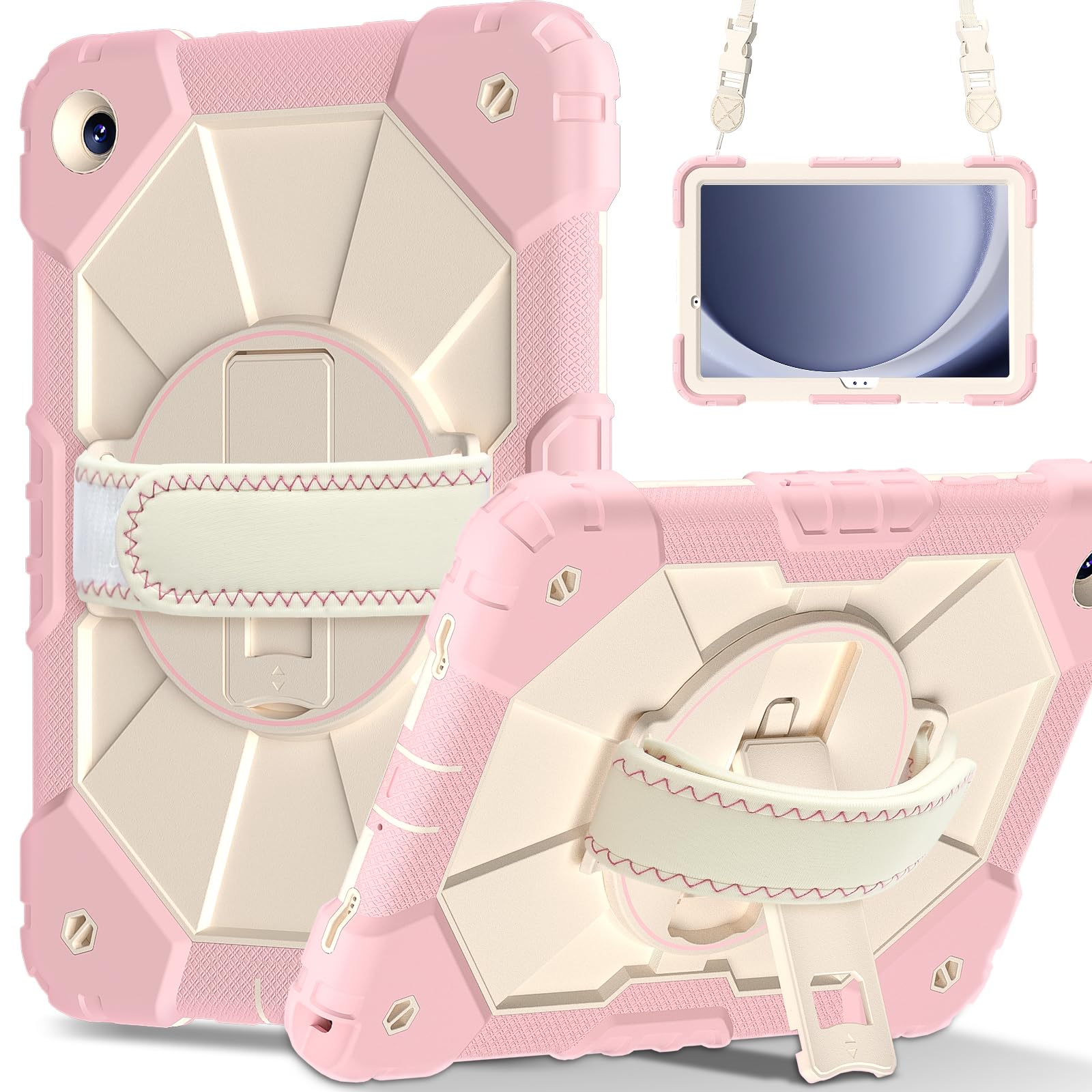 Case for Samsung Galaxy Tab A11+ 11 Inch 2025 (X230/X236B)/A9 Plus(X210/X216/X218), Heavy Duty Shockproof Rugged 360 Rotating Hand Strap Protective Case for Tab A11 Plus Rose Gold+Cream Stone Rose Gold+Cream Stone Tab A11+ Plus 11"