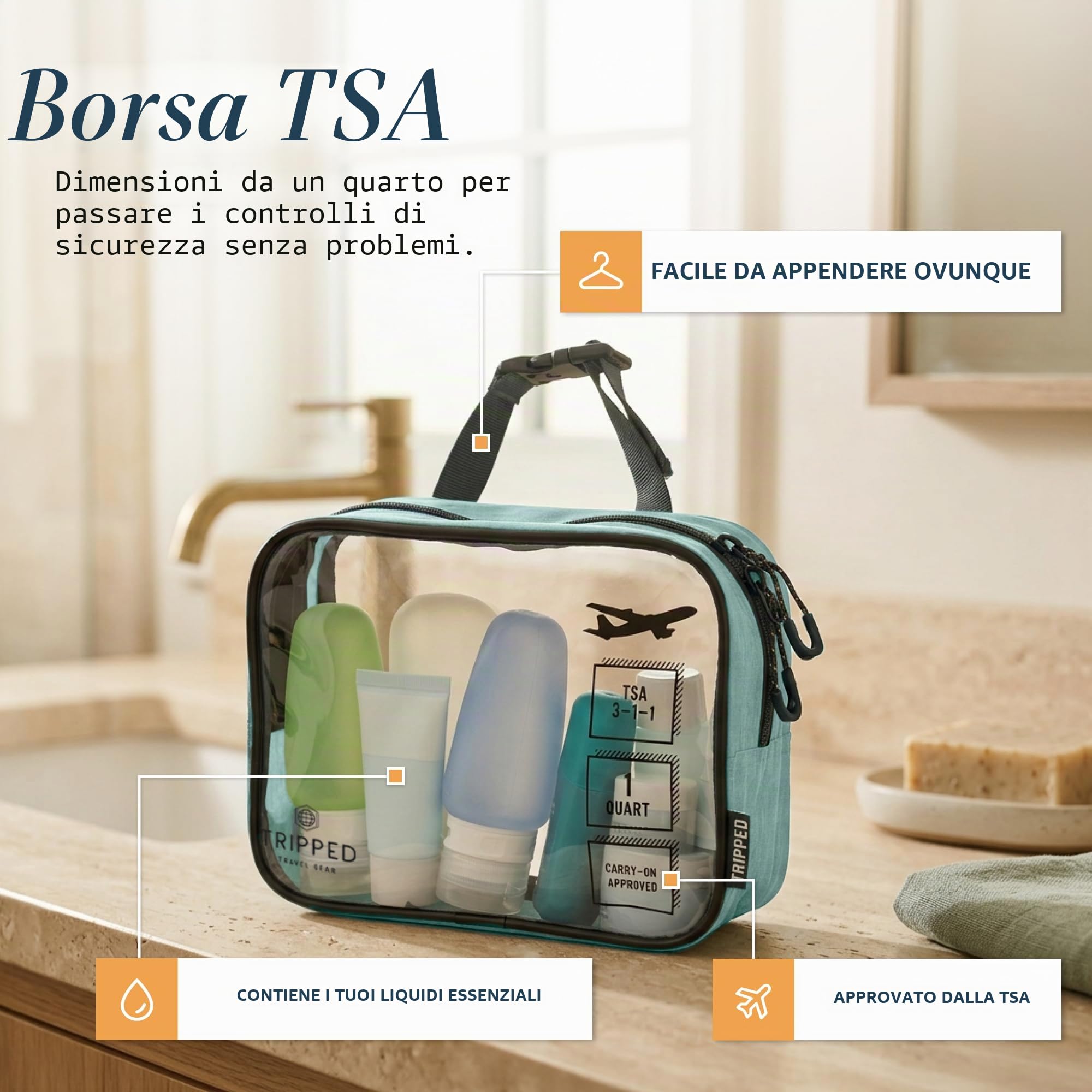 Set di trousse da toilette: borsa da toilette da viaggio da appendere + 311 TSA Cosmetic Liquid Bag + custodia organizer per accessori ultraleggera